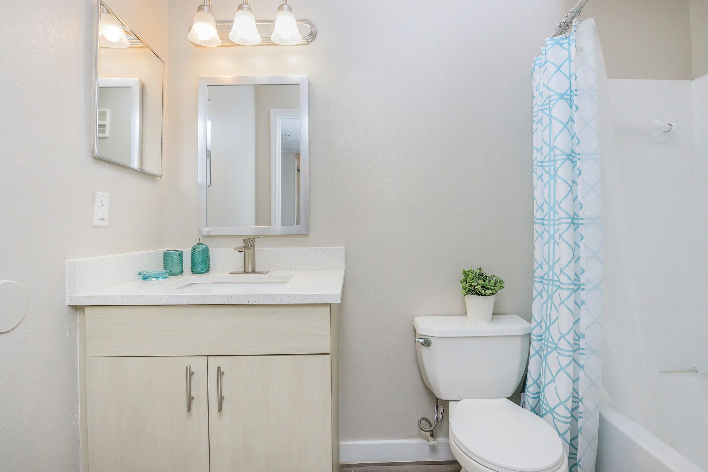 A modern bathroom featuring a light-colored vanity with a sink and mirror, a toilet, and a shower area. There are decorative elements like two teal vases on the counter, a potted plant, and a patterned shower curtain. The walls are painted in a soft, neutral tone.