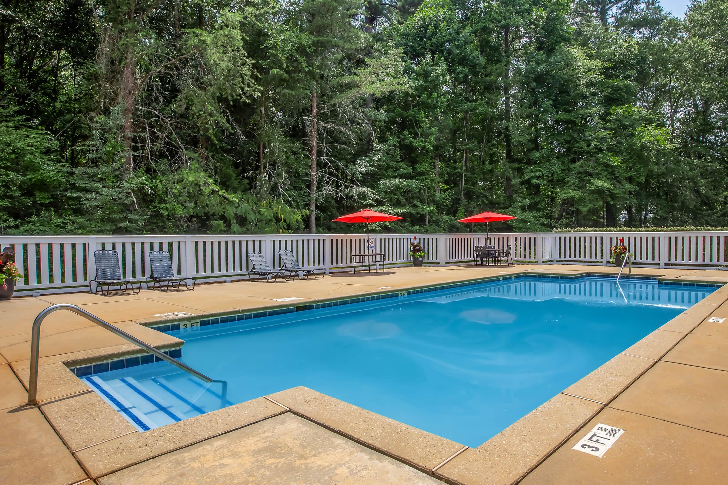 A sparkling blue swimming pool surrounded by a concrete deck, with lounge chairs and red umbrellas. Lush green trees provide a natural backdrop, creating a serene and inviting outdoor space for relaxation.
