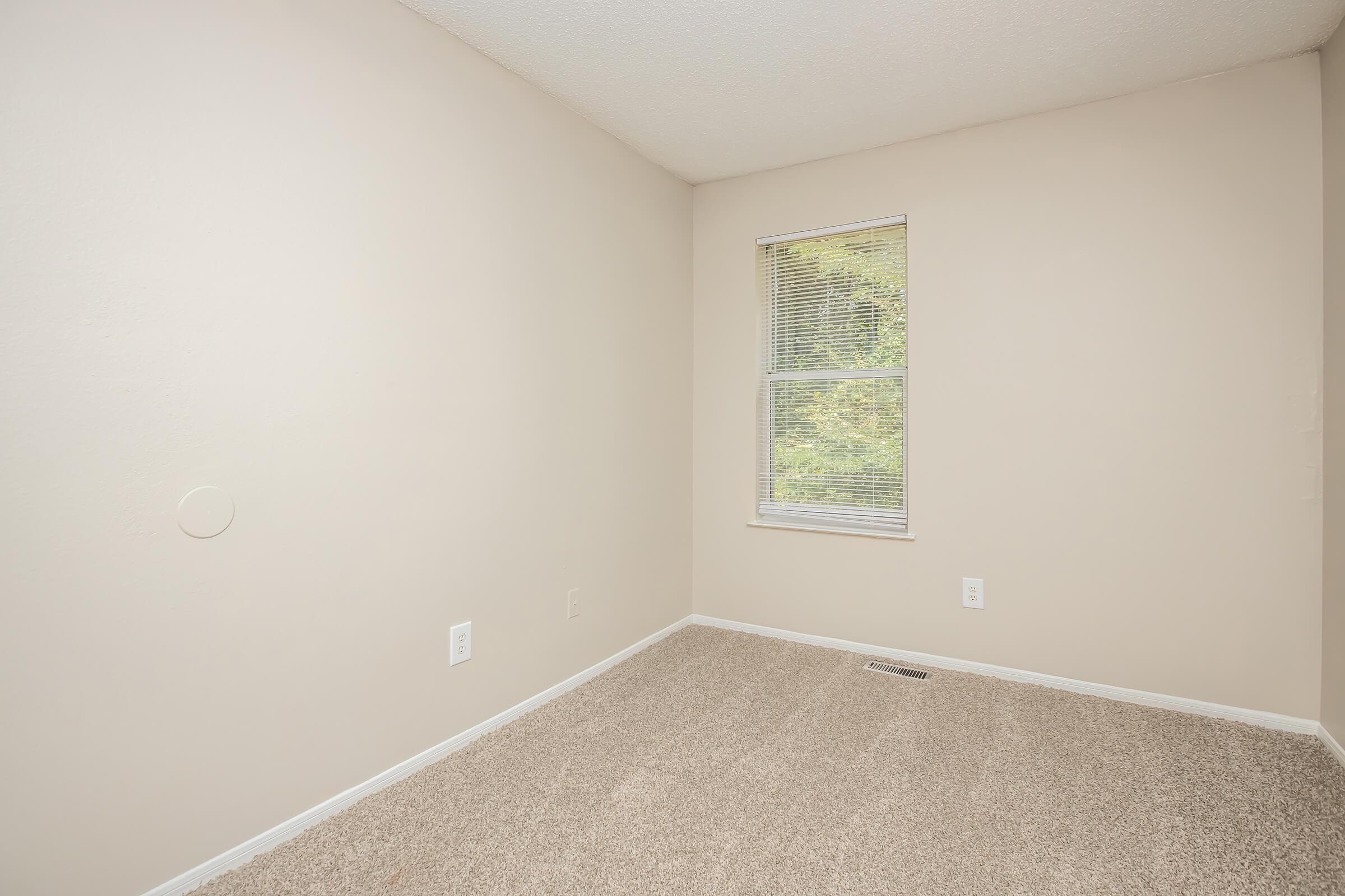 Empty room with light beige walls and a window featuring blinds. The carpet is a light tan color. There are no furnishings or decorations, creating a spacious and minimalistic feel. A small circular outlet is visible on one wall. Natural light filters through the window, illuminating the space.
