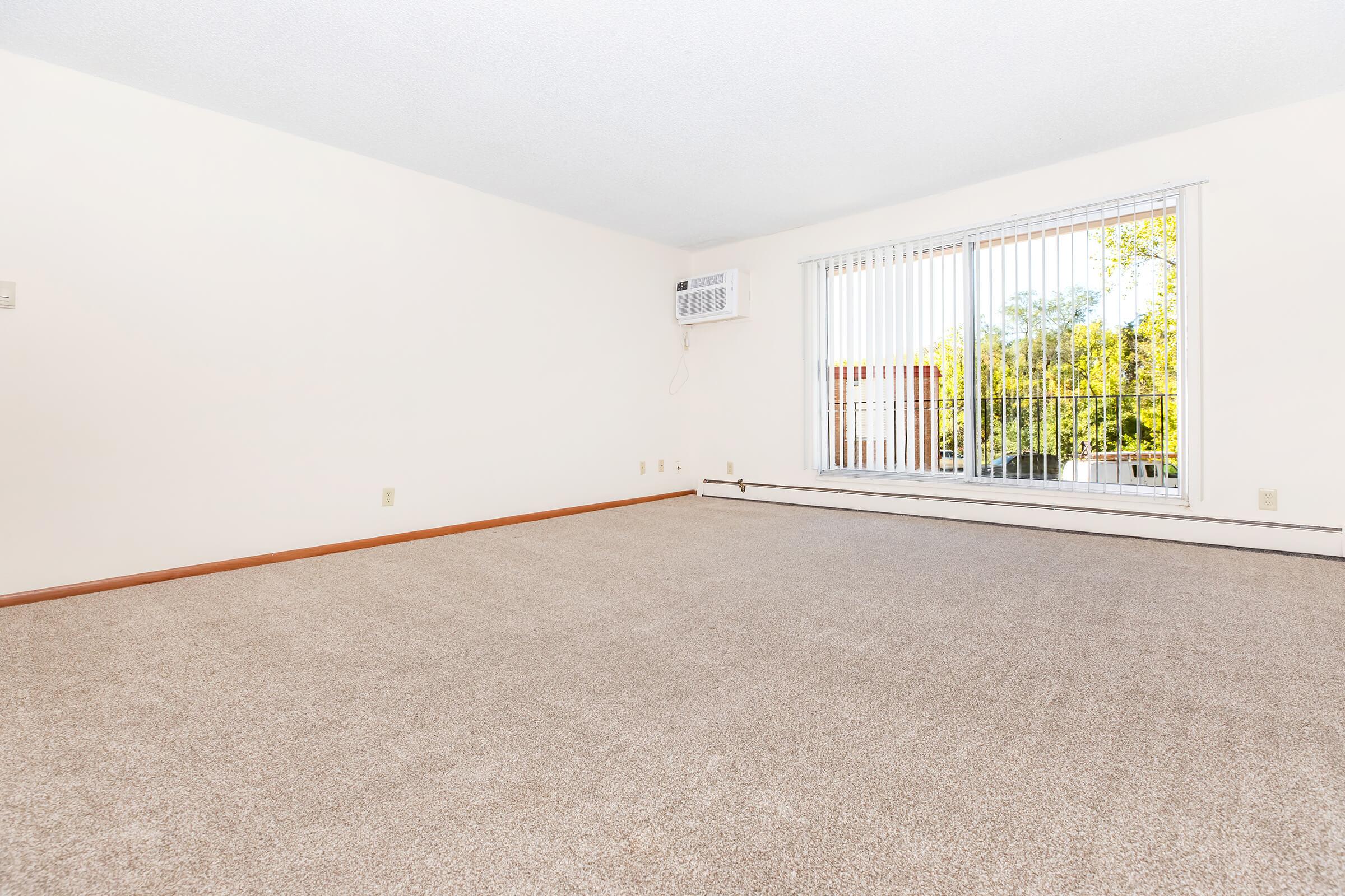 A spacious, empty room with light beige walls and a large window featuring vertical blinds. The floor is covered with plush, light gray carpet. An air conditioning unit is mounted on the wall under the window, and there is a baseboard heater below, indicating a cozy living space ready for furniture.