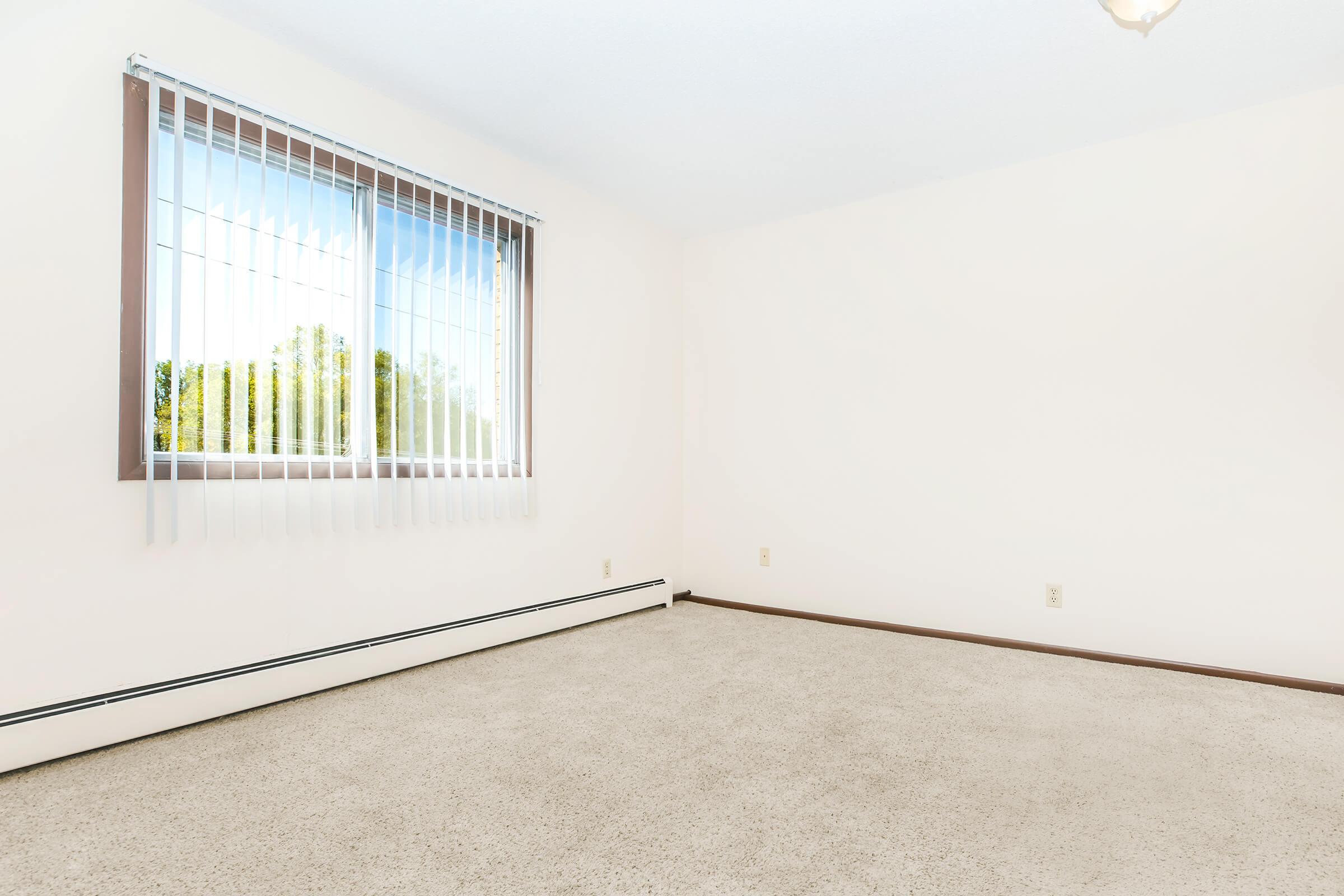 A spacious, empty room featuring light beige walls and a large window with vertical blinds, allowing natural light to enter. The floor is covered with light gray carpet, and there is a heating baseboard along the wall. The room appears bright and clean, ready for furnishing.