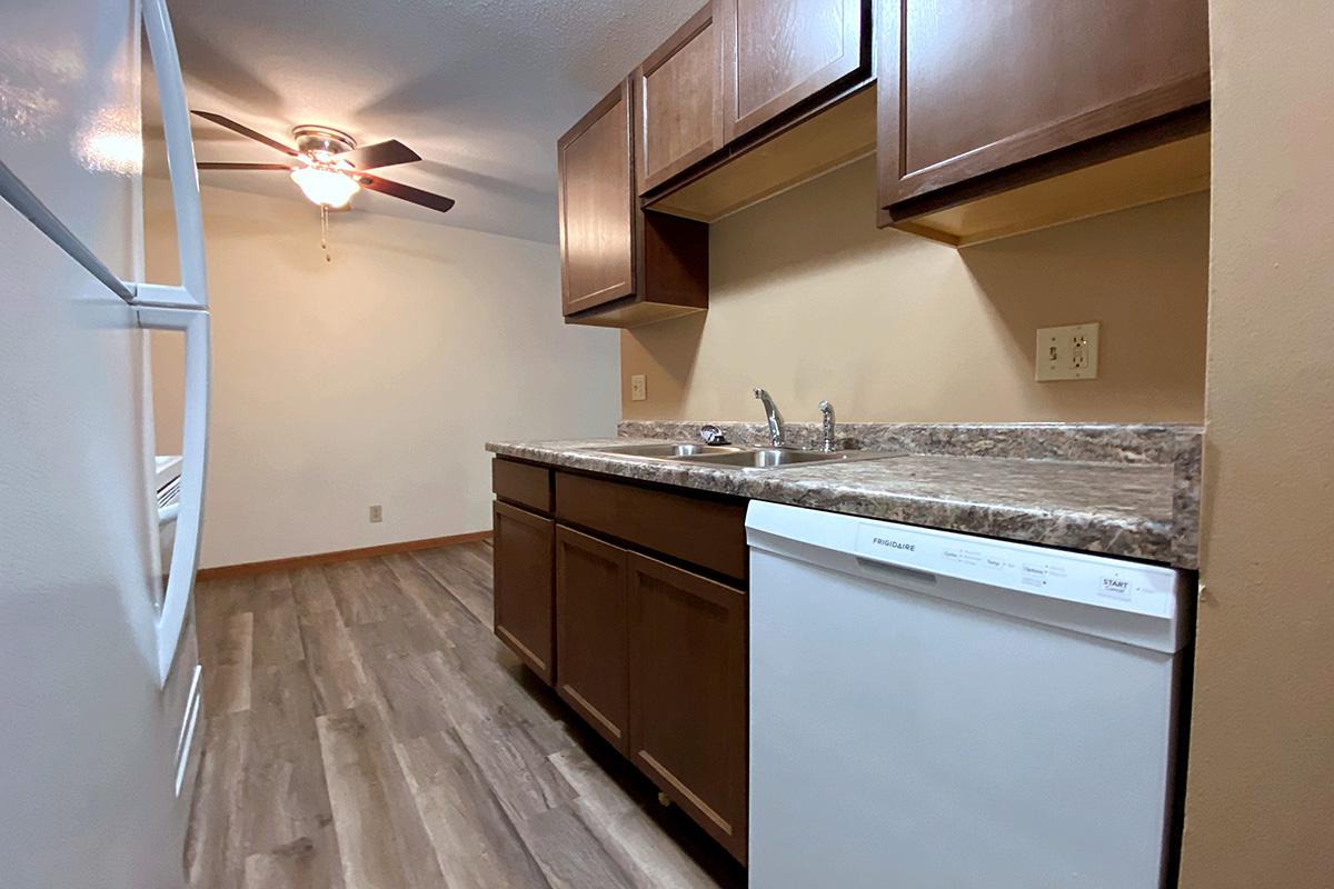 a kitchen with a sink and a refrigerator