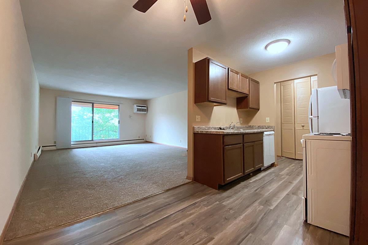 a kitchen with a wood floor