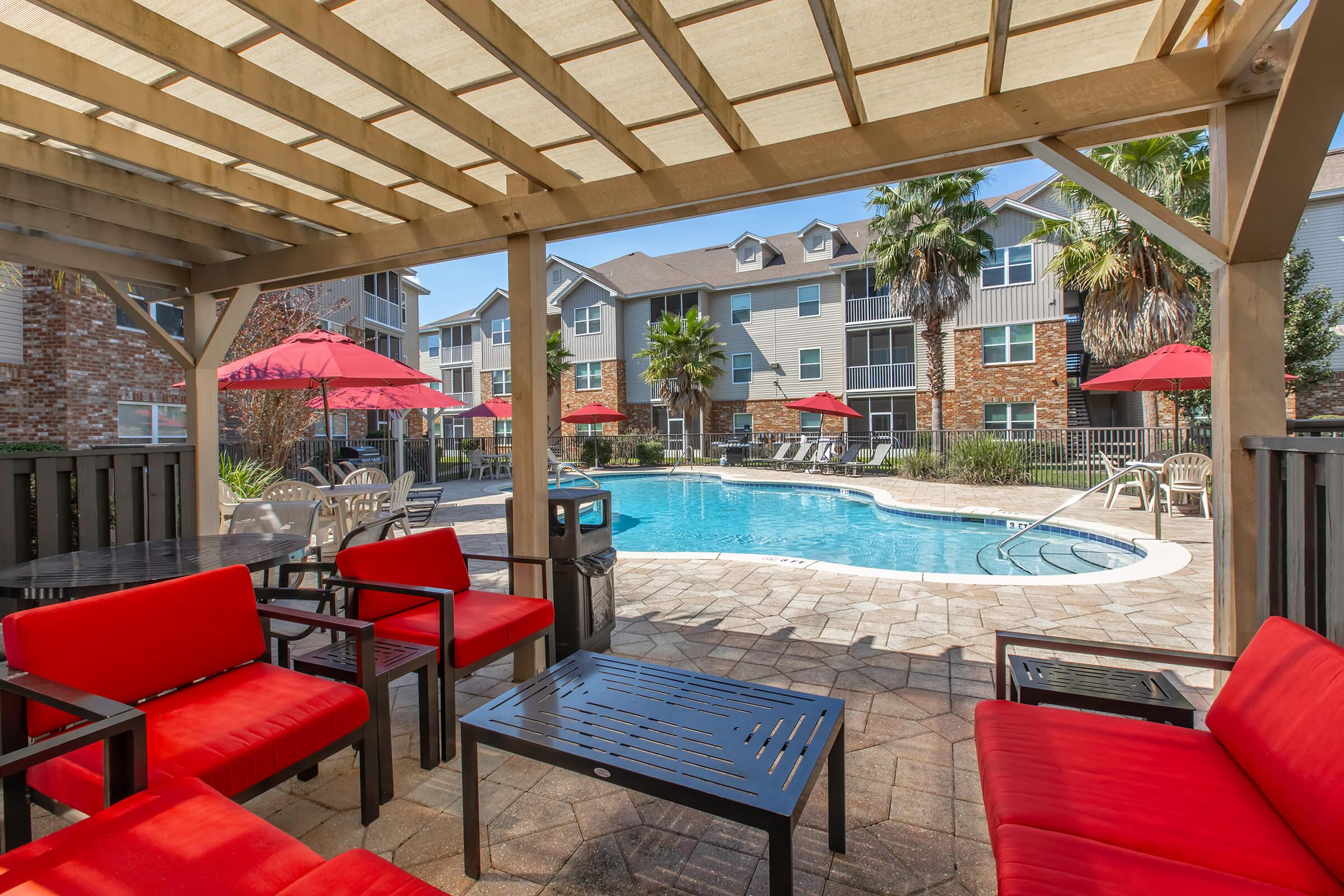 a dining room table in front of a building