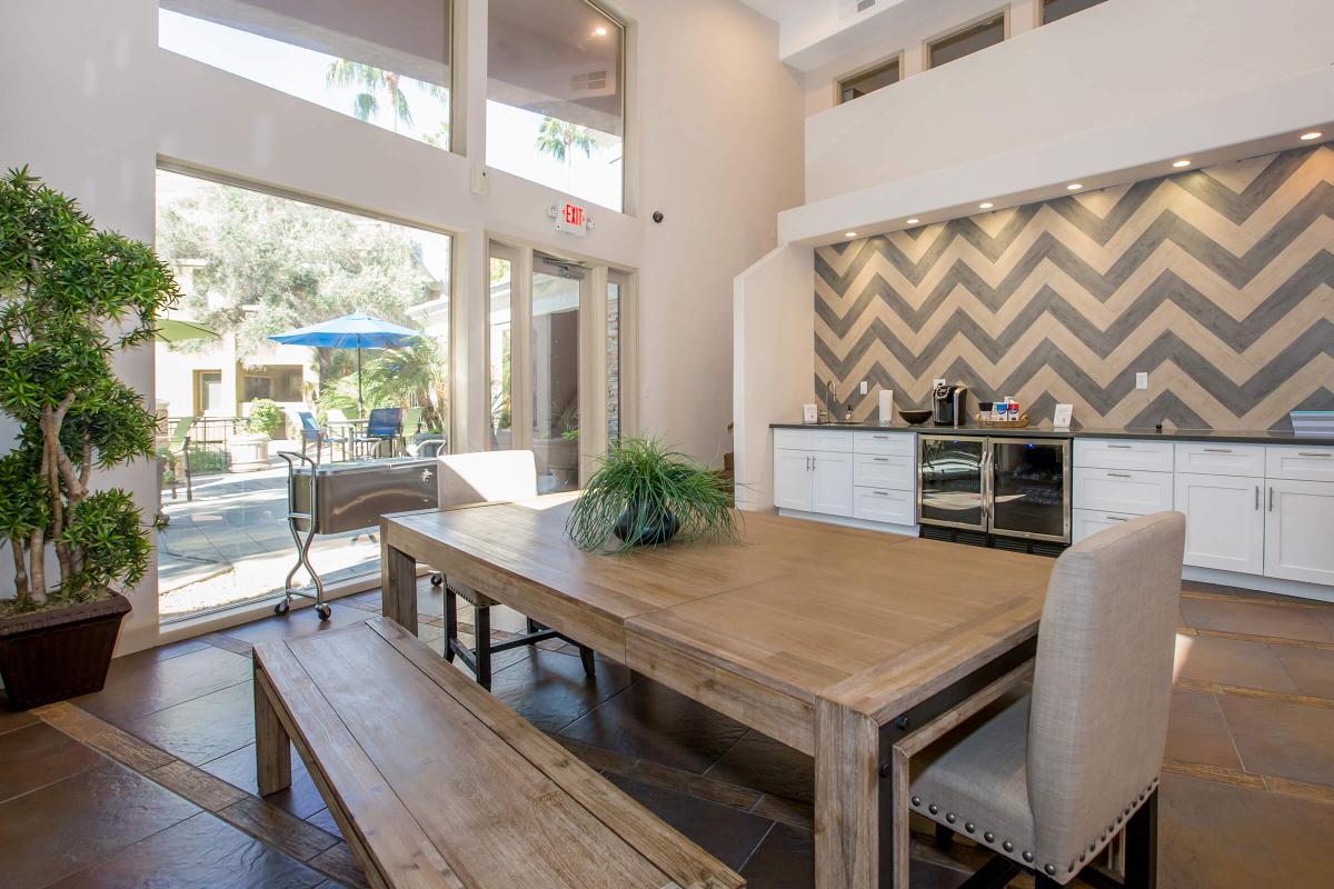 a room with a wooden counter