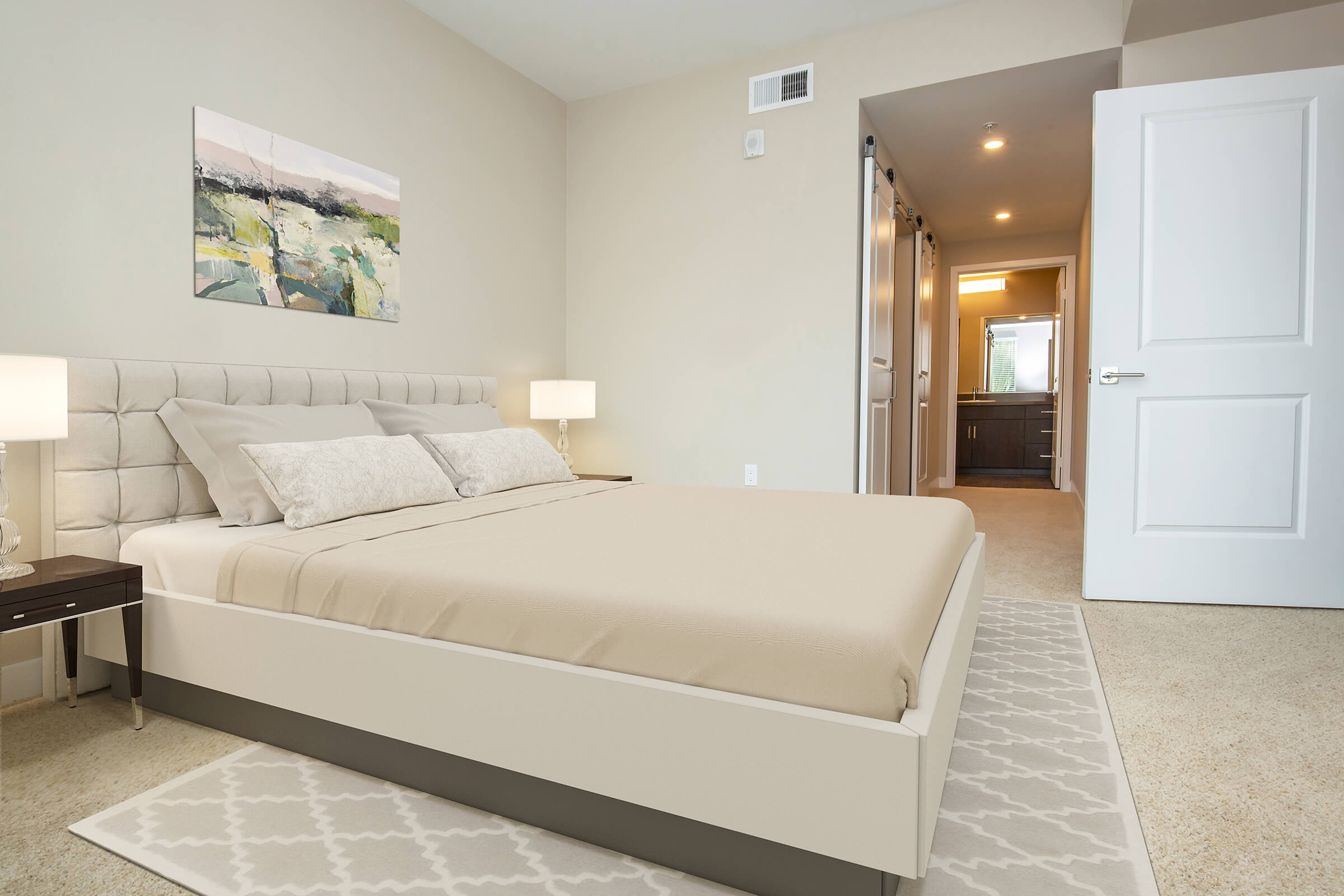 Bedroom with tan bedding