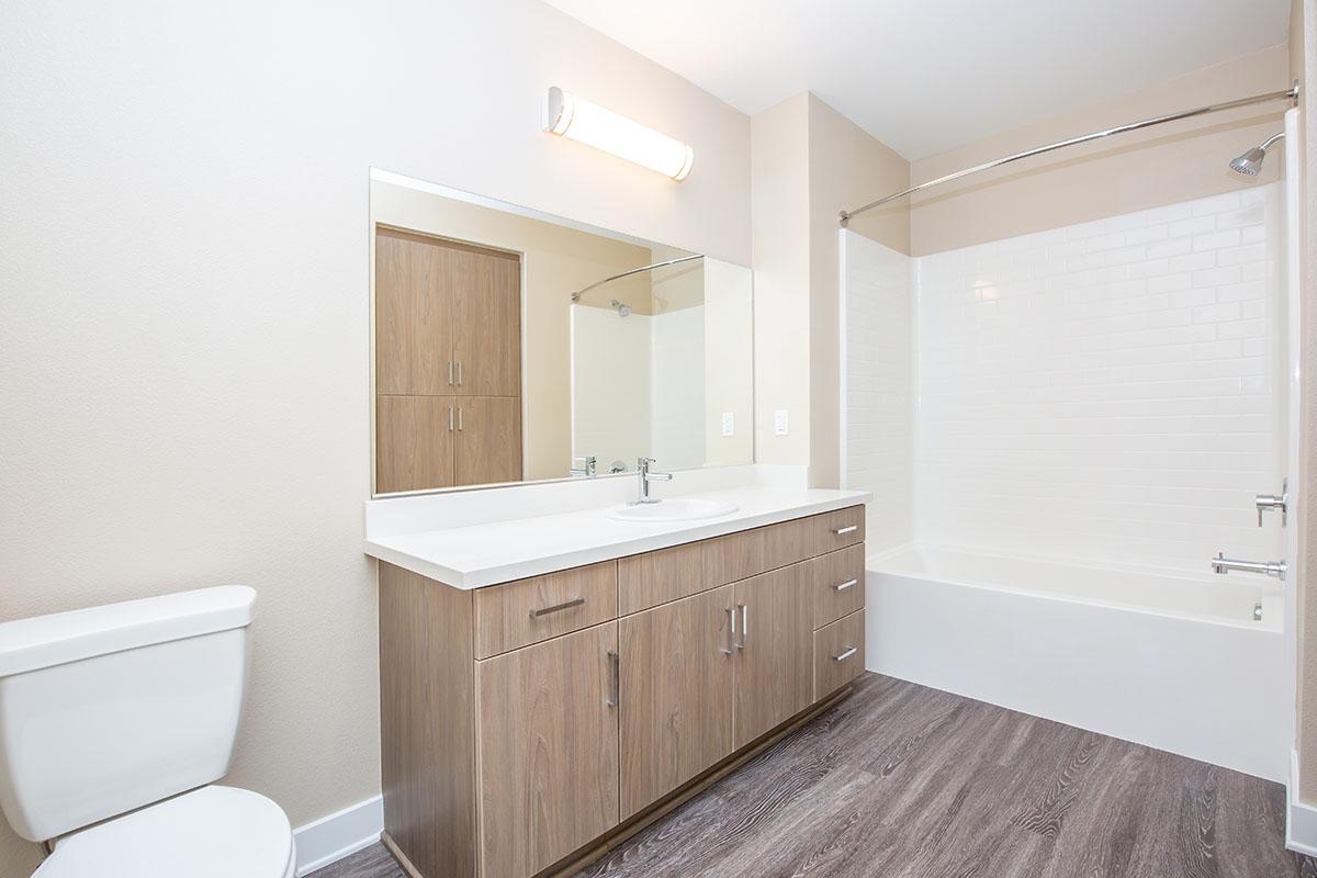 Bathroom with wooden cabinets and wooden floors