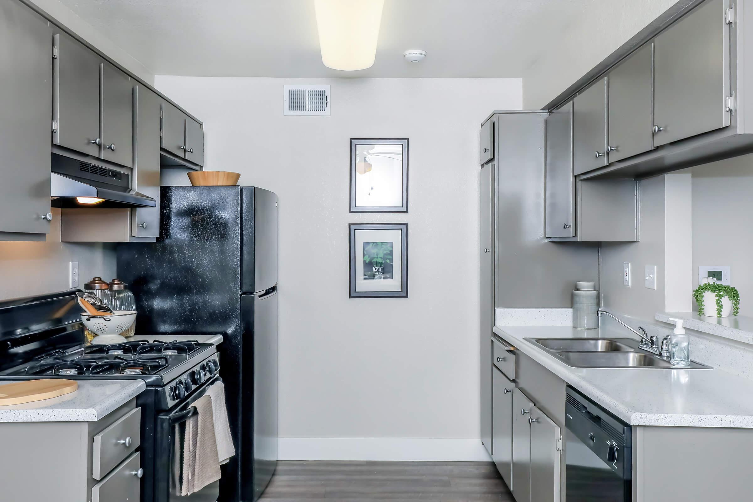 Modern kitchen featuring gray cabinets, a black refrigerator, a gas stove, and white countertops. The layout is compact with a dual sink, and decorative framed pictures are on the wall. Ample storage space is visible, and the overall ambiance is bright and inviting.