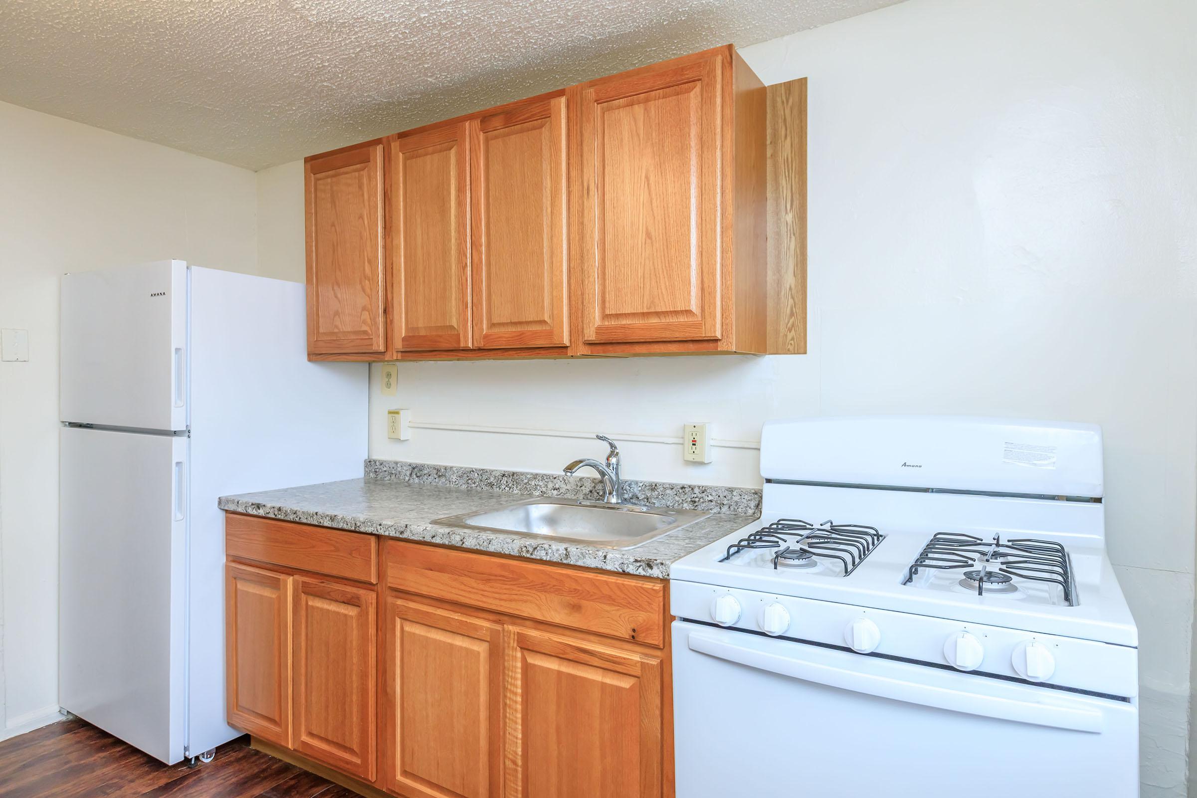 a kitchen with a stove and a refrigerator