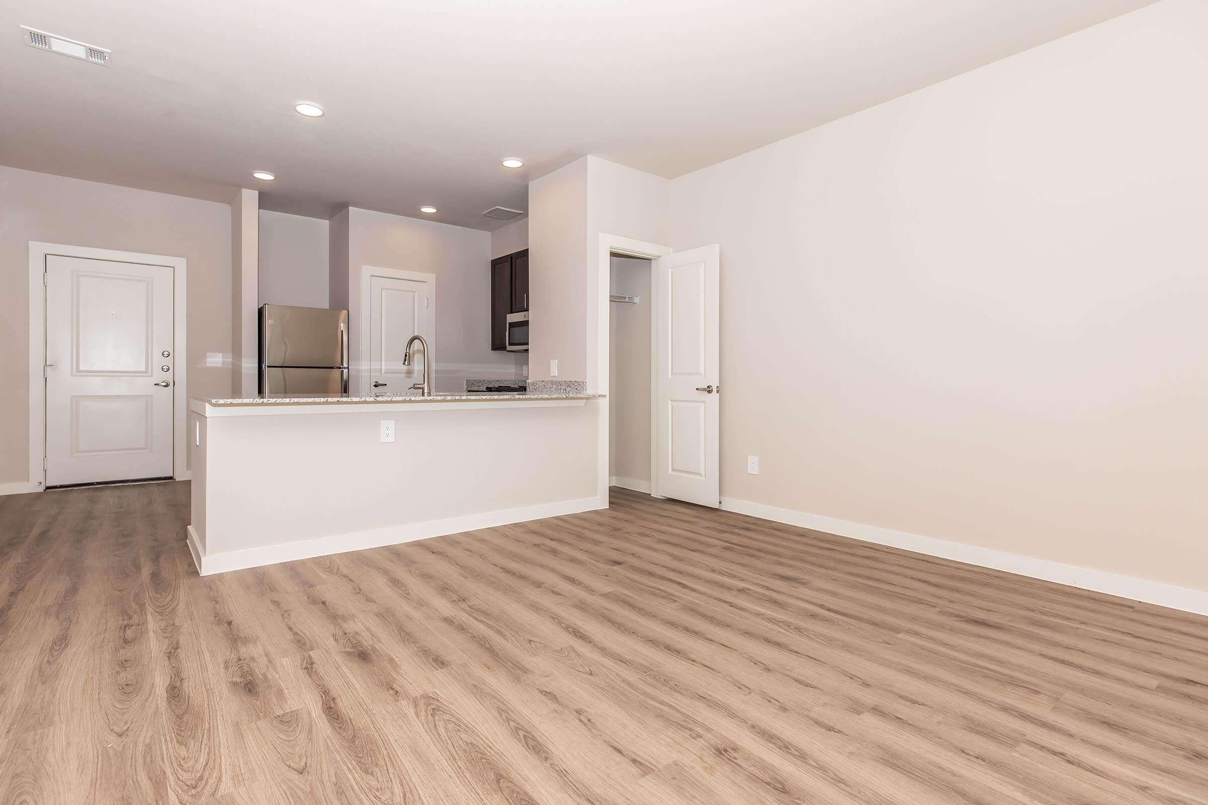 Modern apartment interior featuring a spacious open layout with hardwood-style flooring. The kitchen is equipped with stainless steel appliances and a granite countertop, while a doorway leads to an entry area. The walls are painted in a neutral color, creating a bright and inviting atmosphere.