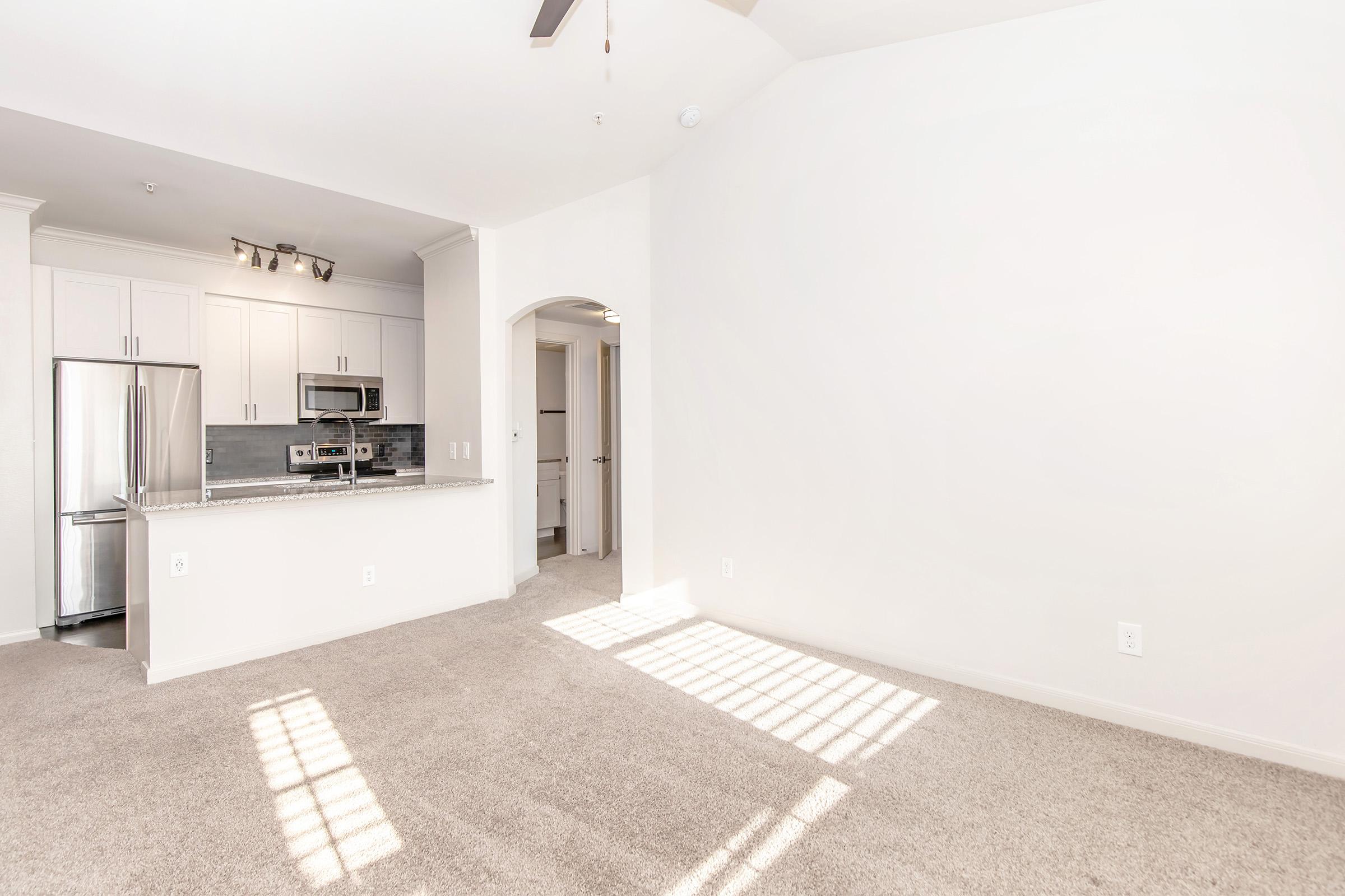 A bright, spacious living area with light beige carpet and white walls. To the left, there's a modern kitchen featuring stainless steel appliances and dark cabinetry. Sunlight creates stripes on the wall, enhancing the airy feel of the room. A doorway leads to another part of the apartment, adding to the open layout.
