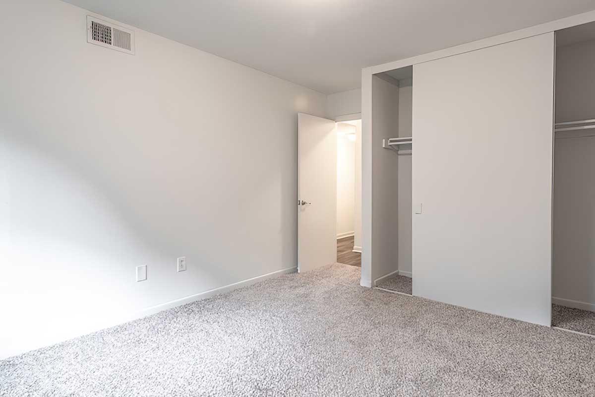 A spacious, empty room with light gray walls and plush carpet. A door leads to a well-lit area, while a closet with sliding doors is visible on the right side. The room has minimal decor, creating a simple and versatile living space.