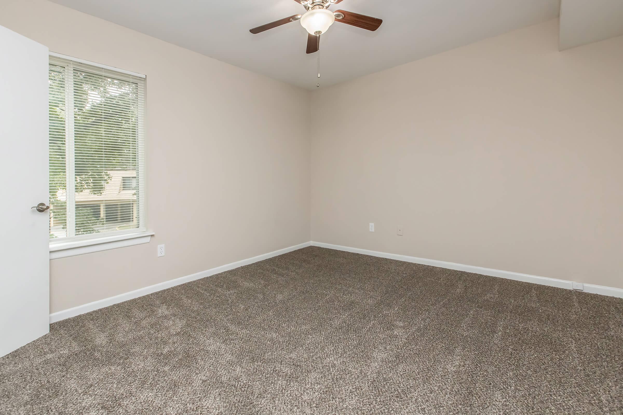 Empty room with beige walls and light brown carpet. There's a ceiling fan with wooden blades, a window with blinds, and a door on the left. The space is well-lit and has a minimalist design, creating a spacious feel.