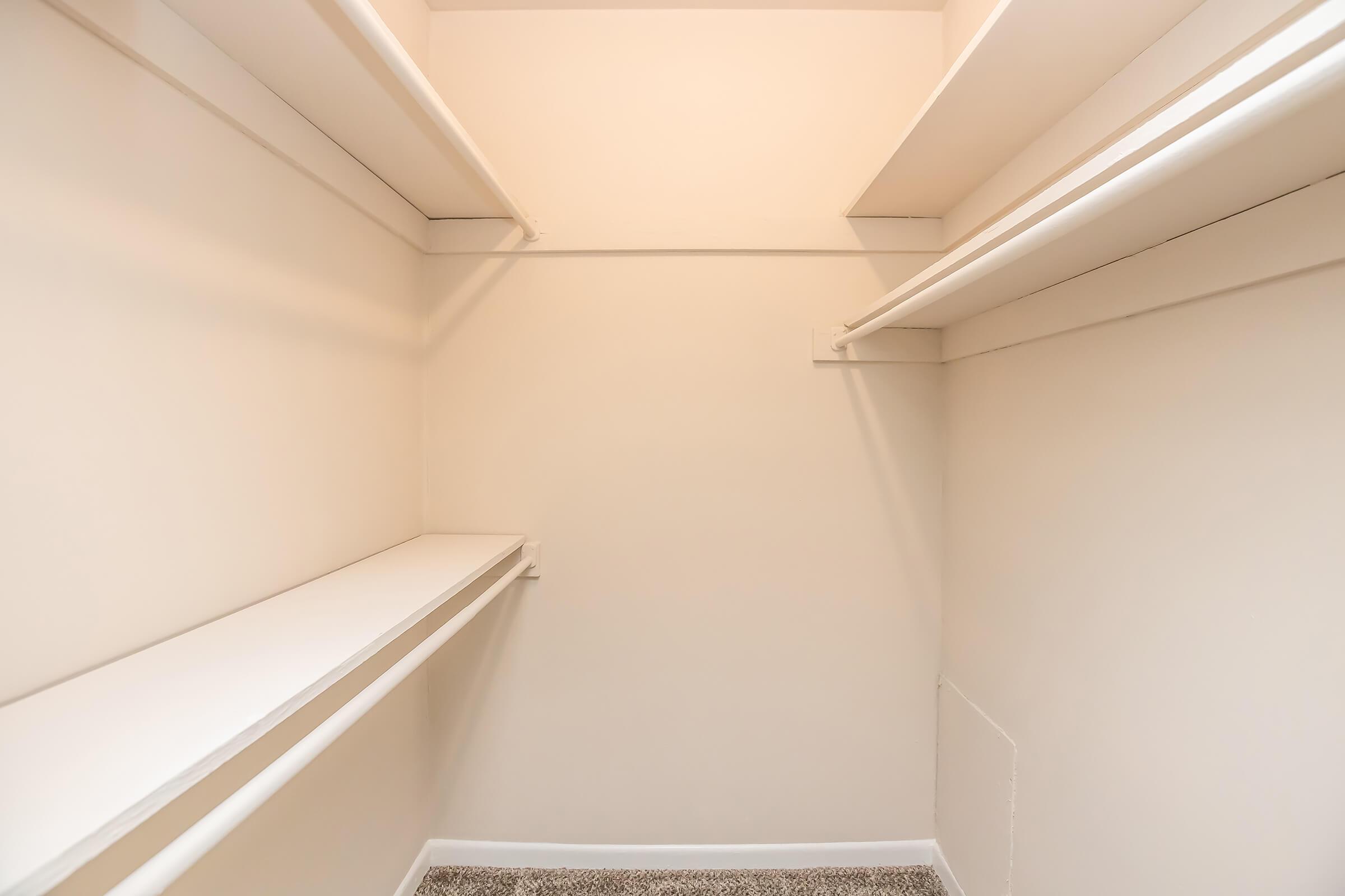 Empty closet with white walls and two shelves, devoid of any items or decorations. The floor is carpeted, and the overall space appears clean and minimalist.