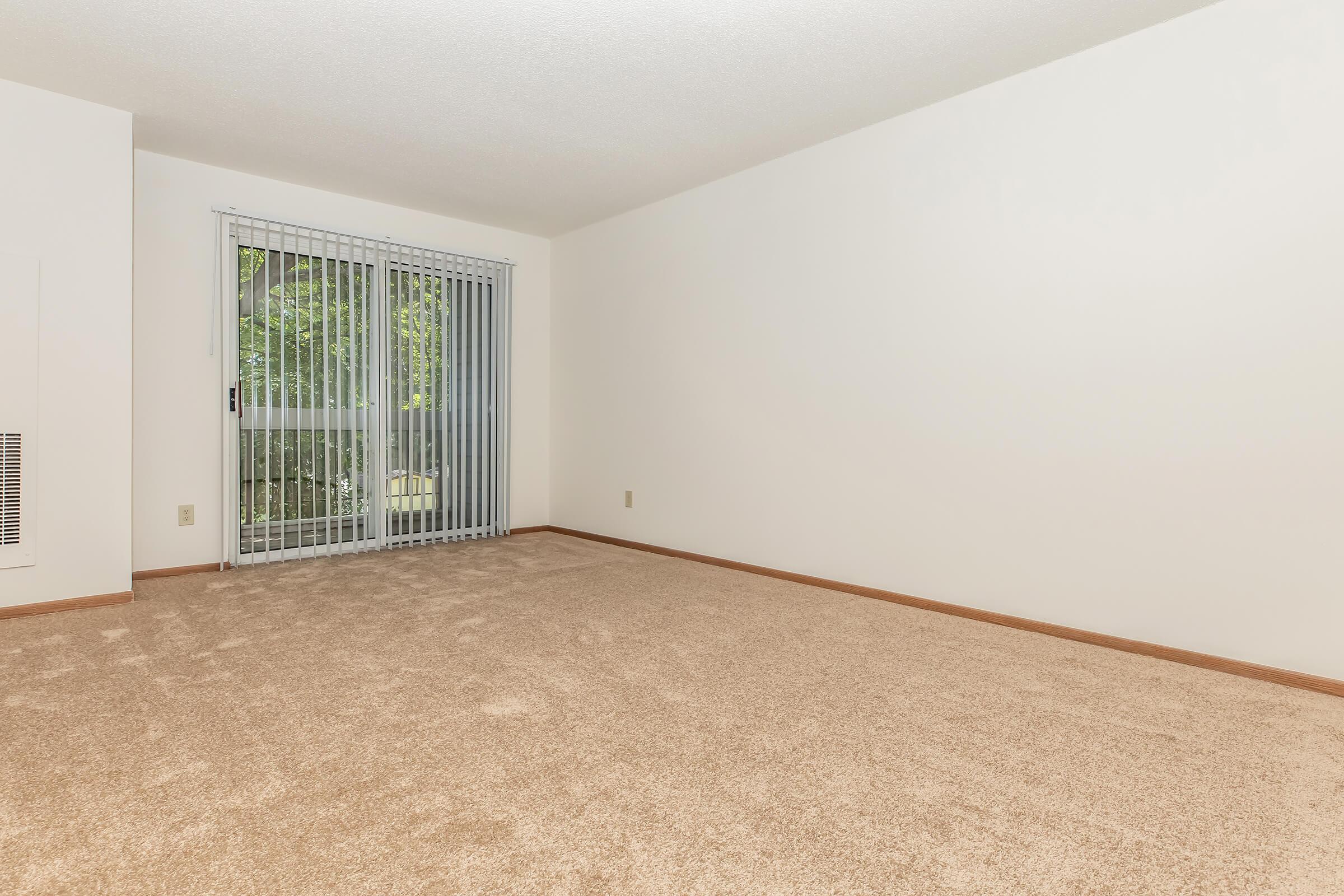 Empty room with light-colored carpet and white walls. A sliding glass door with vertical blinds leads to a balcony, allowing natural light to enter. The space is devoid of furniture, creating a minimalist atmosphere. Perfect for personalizing or decorating.