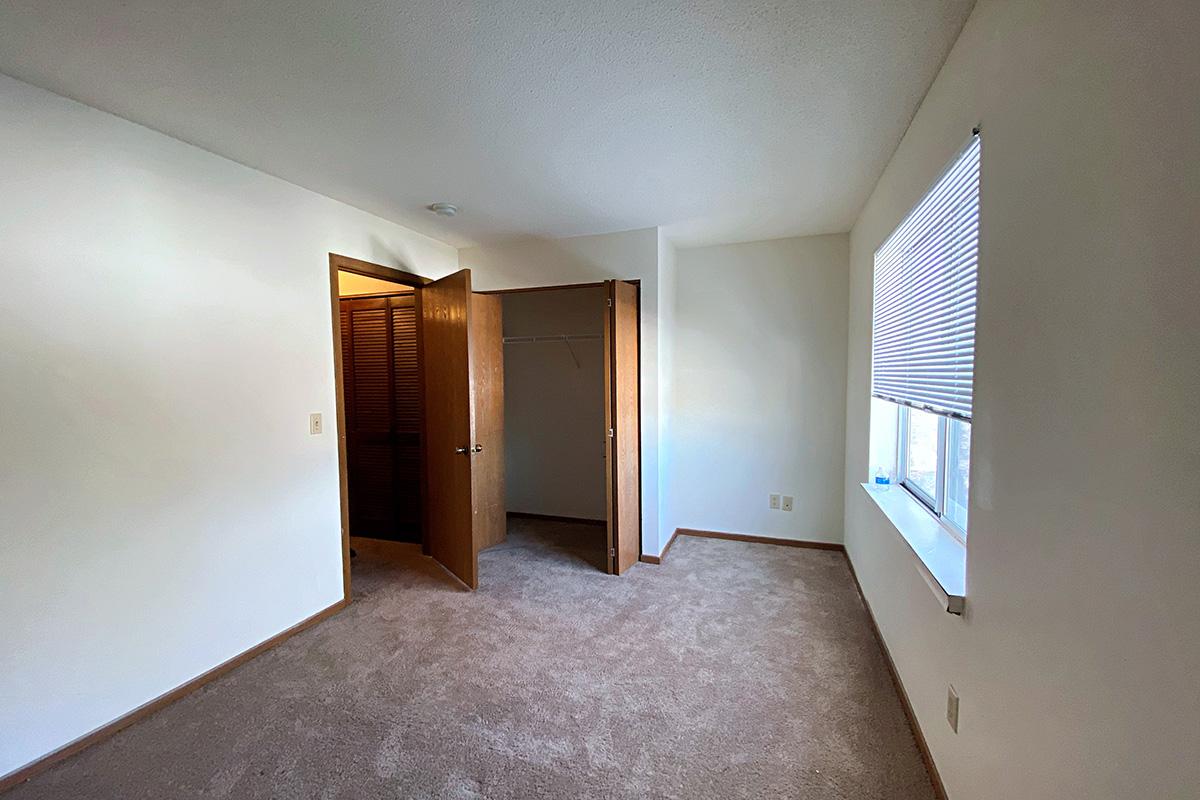 Empty room with light-colored walls and carpet. A window with blinds is visible on the right side, providing natural light. There are two wooden doors: one leads to a closet, and the other is slightly ajar. The overall atmosphere is clean and spacious, ideal for decorating.