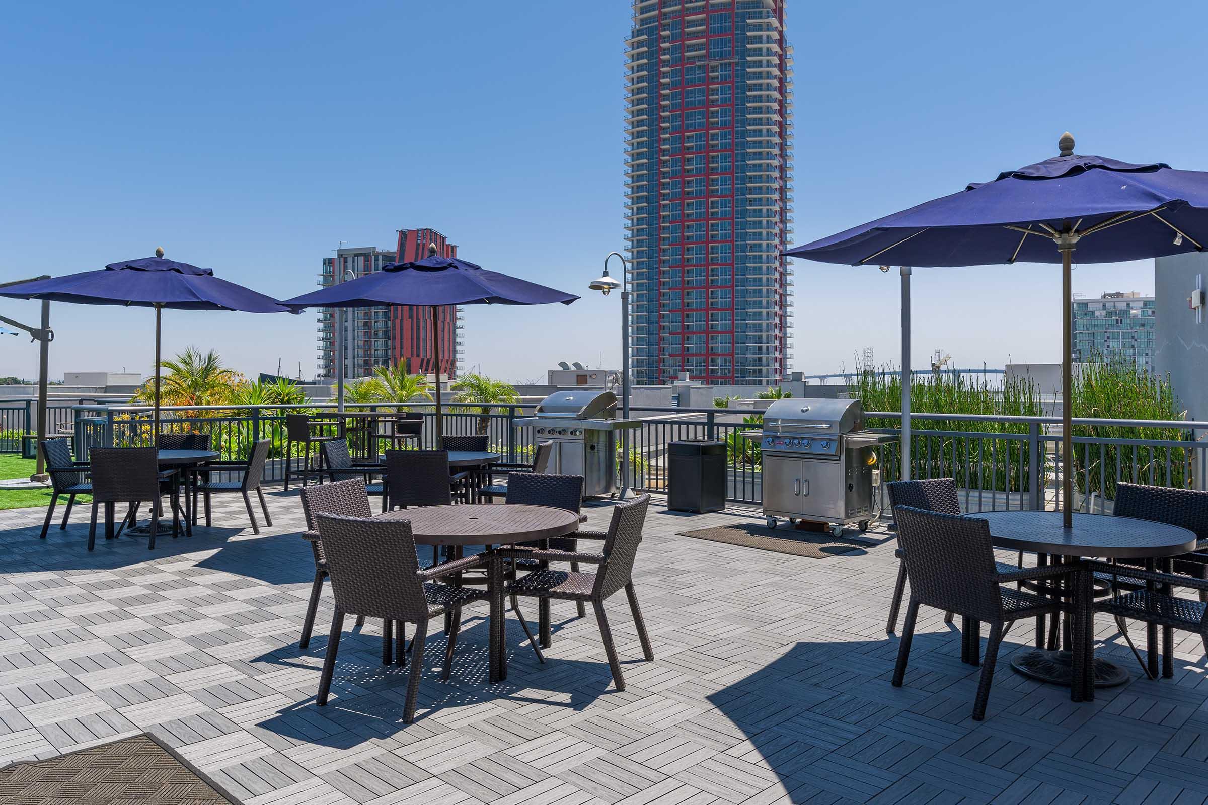 a group of tables on a deck