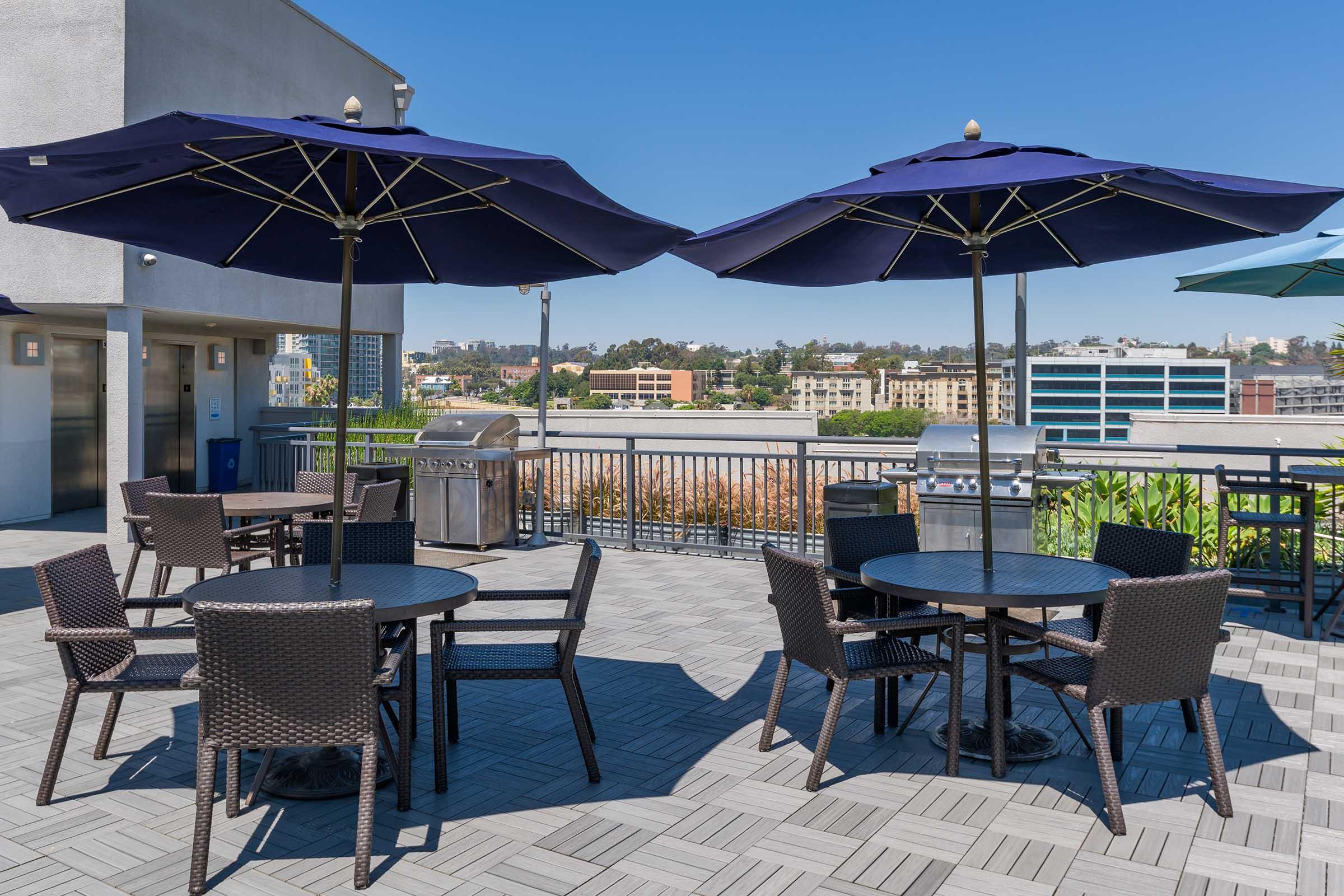 tables of a rooftop deck