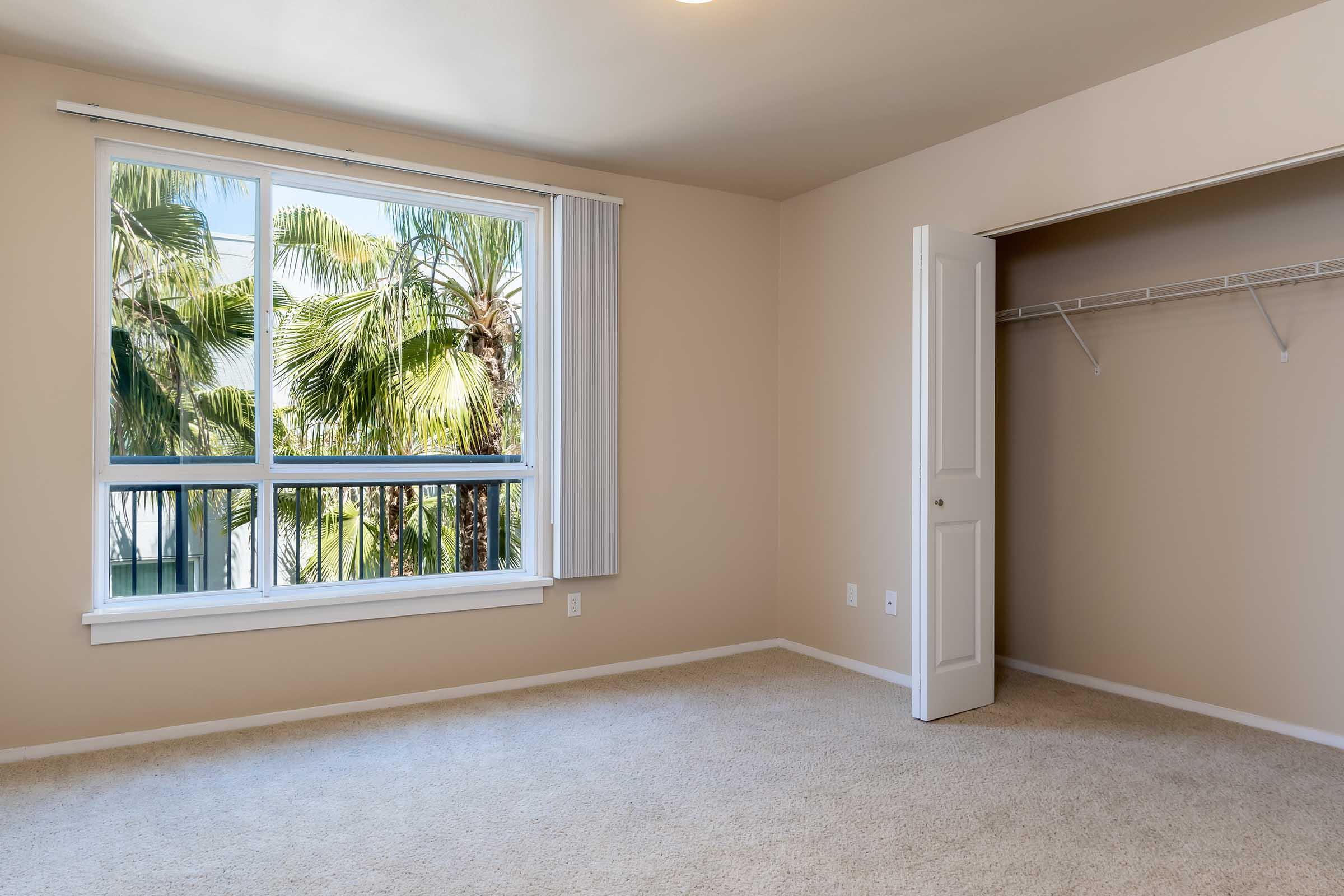 a room with a closet and a window