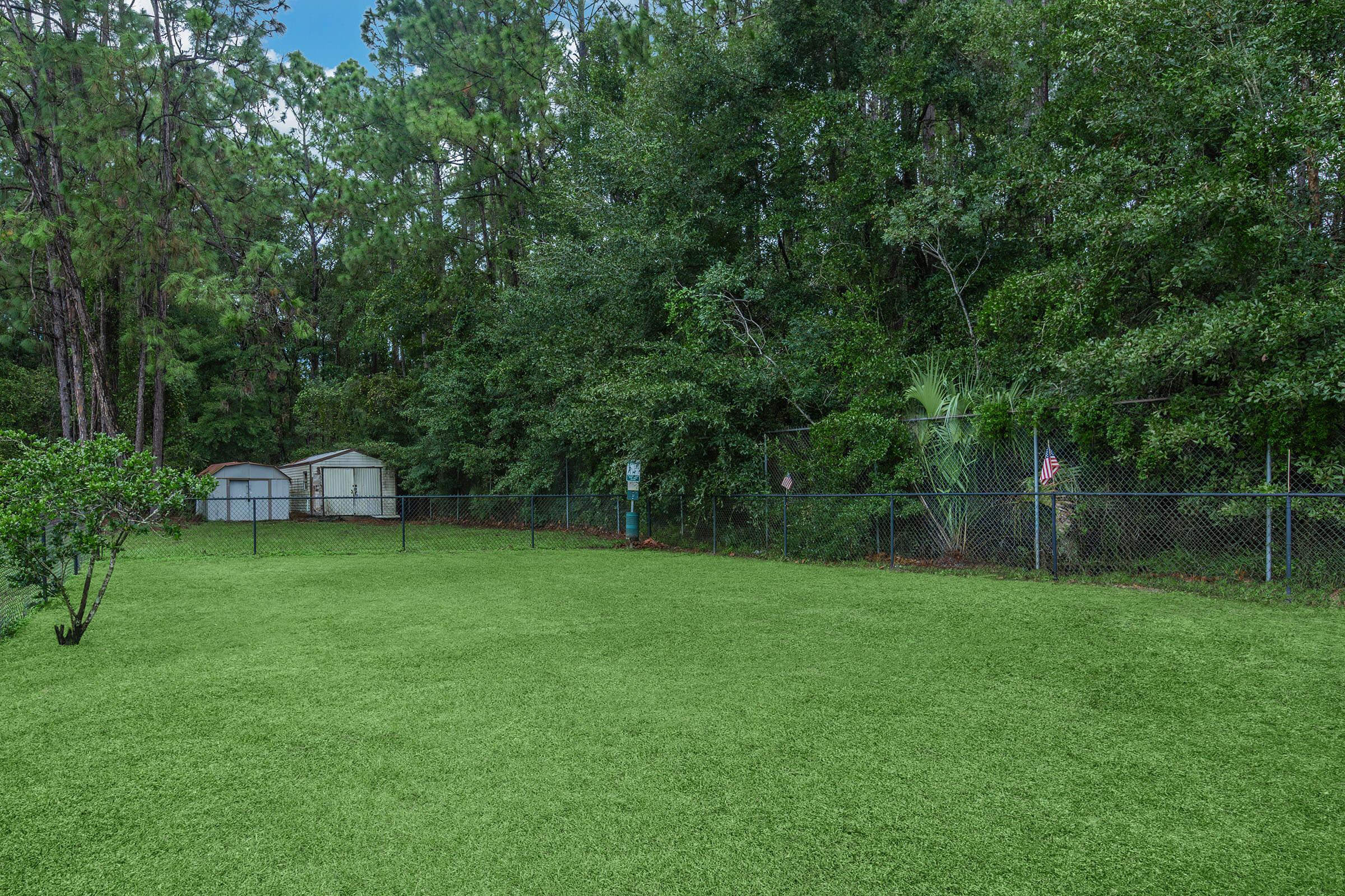 a large green field with trees in the background