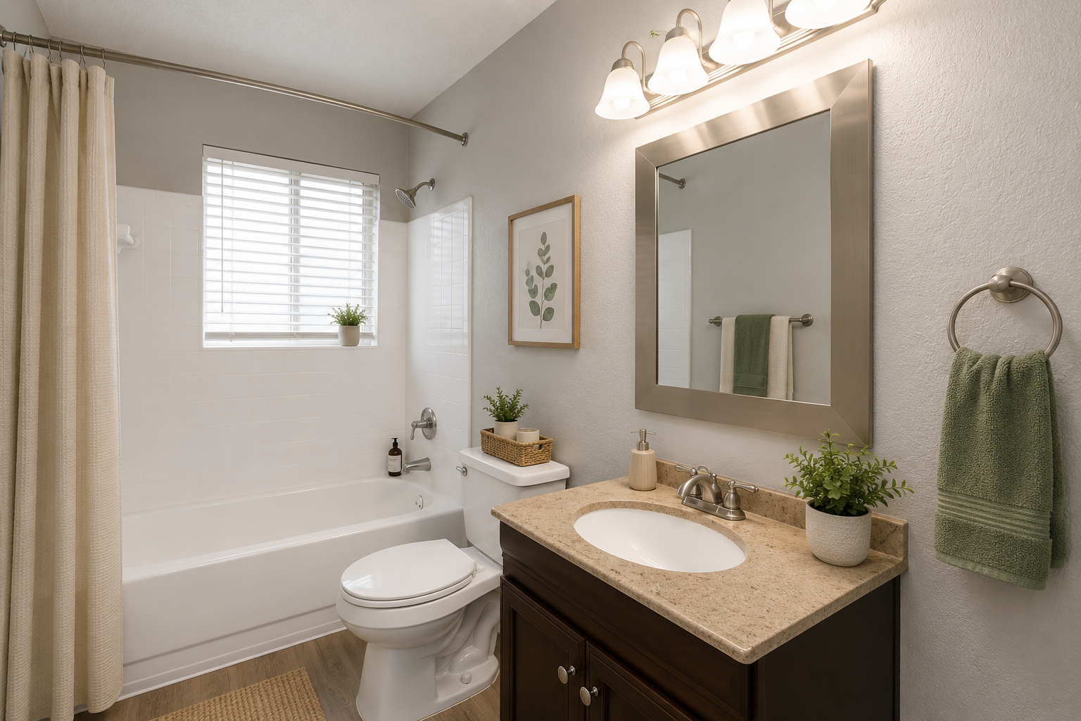 A modern bathroom featuring a white bathtub and shower, light gray walls, and a large mirror above a beige vanity. Soft lighting from three sconces, a window with blinds, and decorative plants add a fresh touch. A green towel hangs on a ring, and pale curtains drape beside the tub.