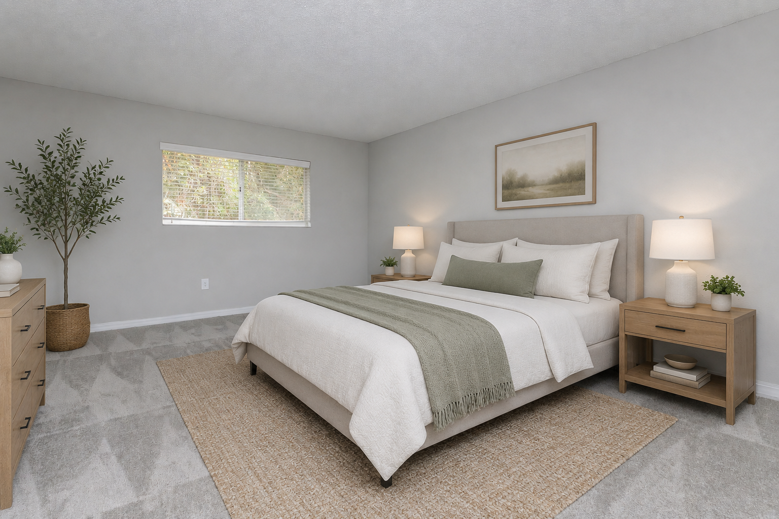 A modern bedroom featuring a large bed with light-colored bedding and a green throw. There are bedside tables with lamps, a potted plant, and a textured area rug on carpeted flooring. A window lets in natural light, and a piece of framed artwork is mounted on the wall.