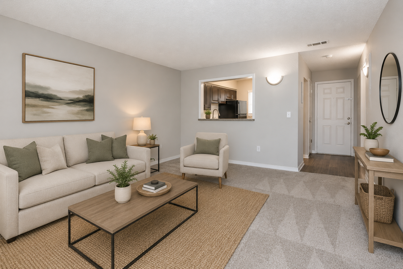 A cozy living room featuring a light-colored sofa with green pillows, a wooden coffee table, and a beige area rug. There is a floor lamp beside the sofa and a small plant on the table. A doorway leads to a kitchen area, while a piece of artwork is displayed on the wall. The space is well-lit and inviting.