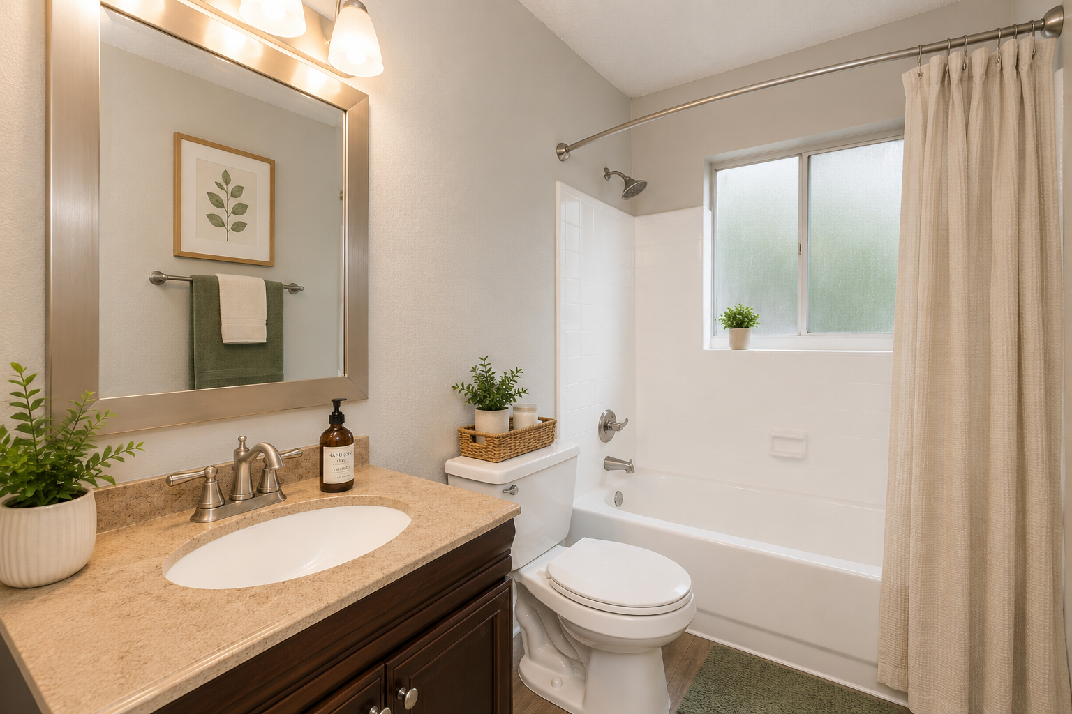 A modern bathroom featuring a bathtub with a shower, a white sink with a dark wooden vanity, and a large mirror. The walls are painted light gray, and there are decorative plants and a framed leaf artwork on the wall. A white shower curtain and towels are neatly arranged, completing the clean and fresh aesthetic.