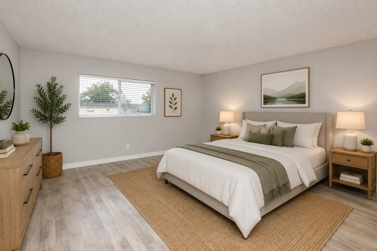 A modern bedroom featuring a light-colored bed with green and white bedding, two bedside tables with lamps, a wooden dresser, and a large round mirror. A potted plant adds a touch of greenery, while a landscape artwork hangs on the wall. Natural light filters through the window, illuminating the space.