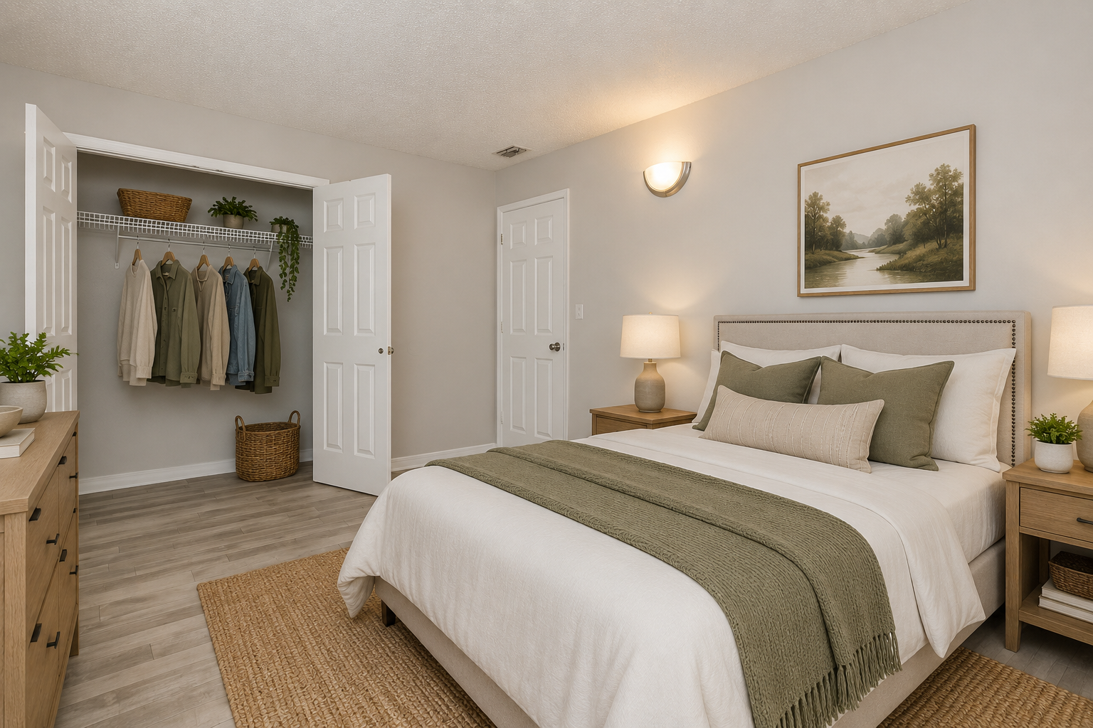 A cozy bedroom featuring a bed with neutral bedding and green accents, a nightstand with lamps, and a piece of landscape artwork on the wall. Two open doors reveal a closet with hanging clothes and a woven basket. The room has soft lighting and a warm, inviting atmosphere.