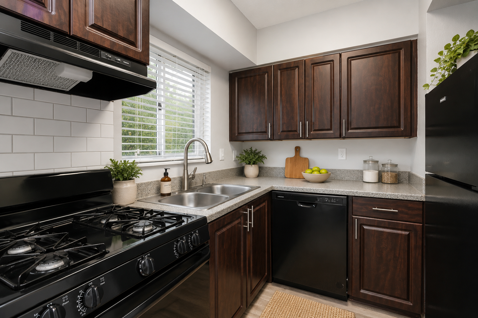 Modern kitchen featuring dark wood cabinetry, a stainless steel sink, a gas stove, and a black refrigerator. A window allows natural light, while plants and decorative items are placed on the countertop. The space is clean and organized with a neutral color palette and simple decor elements.