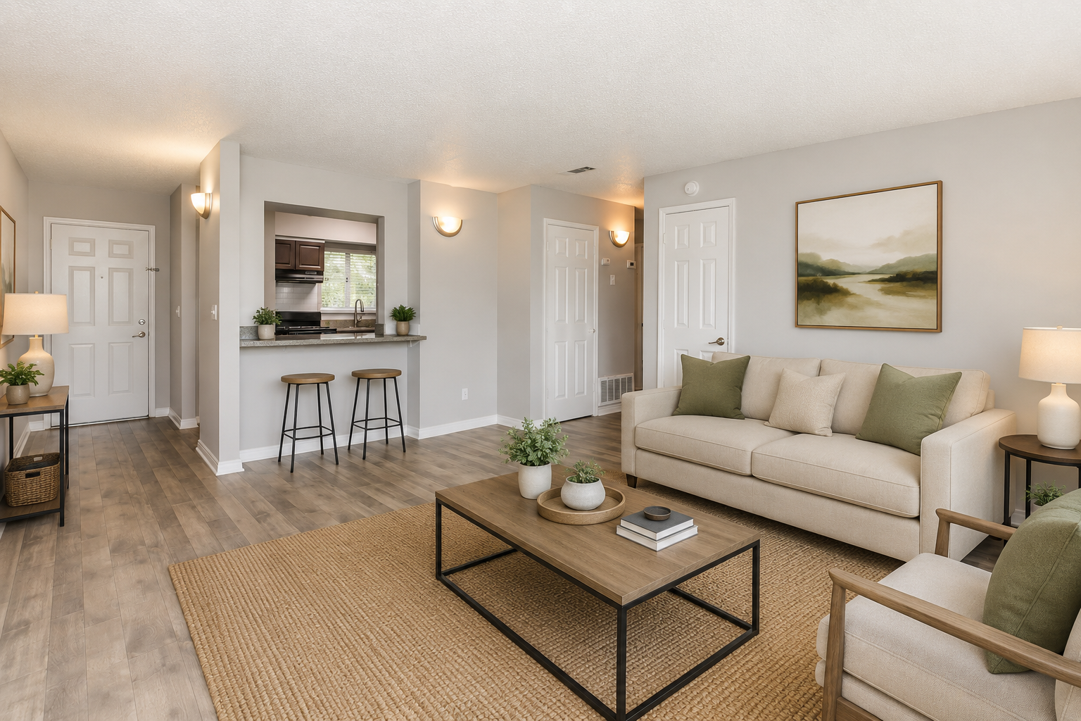 A modern living room featuring a light beige sofa with green pillows, a wooden coffee table with plants, and a woven rug. There are two chairs, a bar with two stools, and a painting on the wall. The space is well-lit with neutral colors and has a cozy, inviting atmosphere.