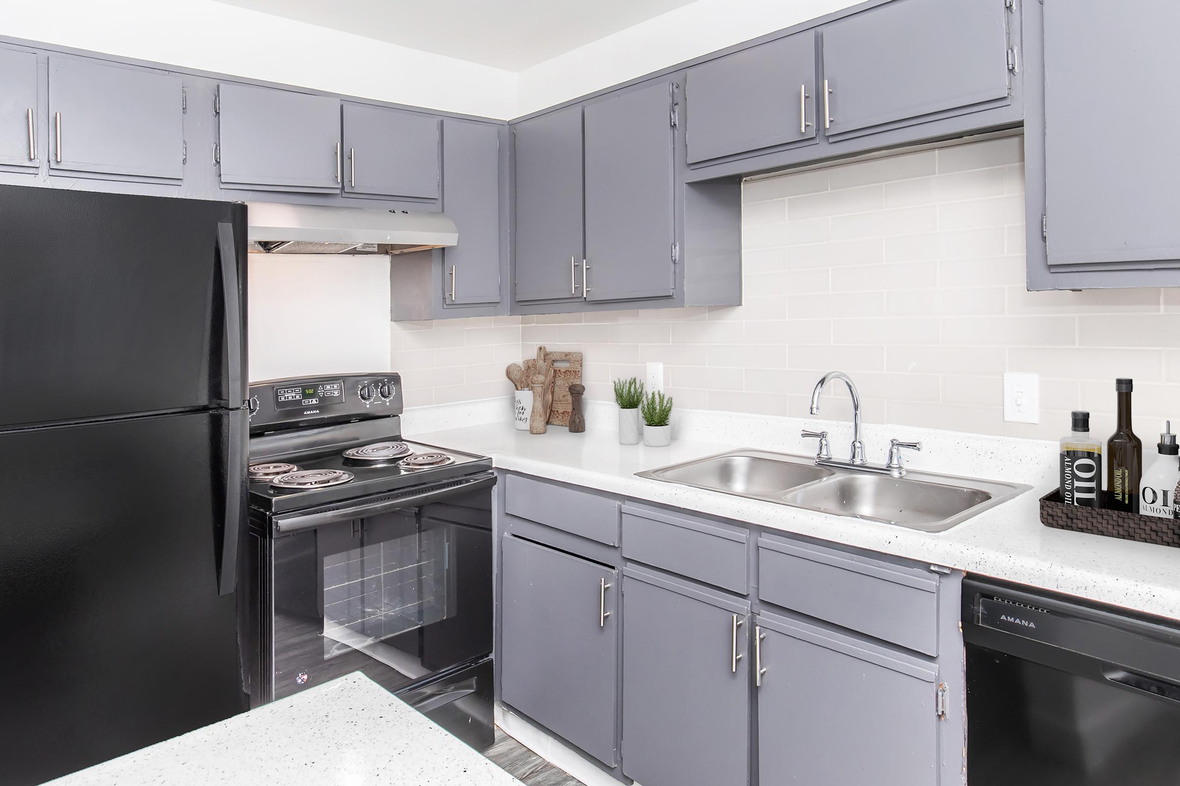 A modern kitchen featuring grey cabinets, a black refrigerator, and a black stove with an oven. The countertop is made of white speckled material, and there is a double sink with a sleek faucet. A few decorative items, including plants, are arranged on the counter, providing a clean and contemporary look.