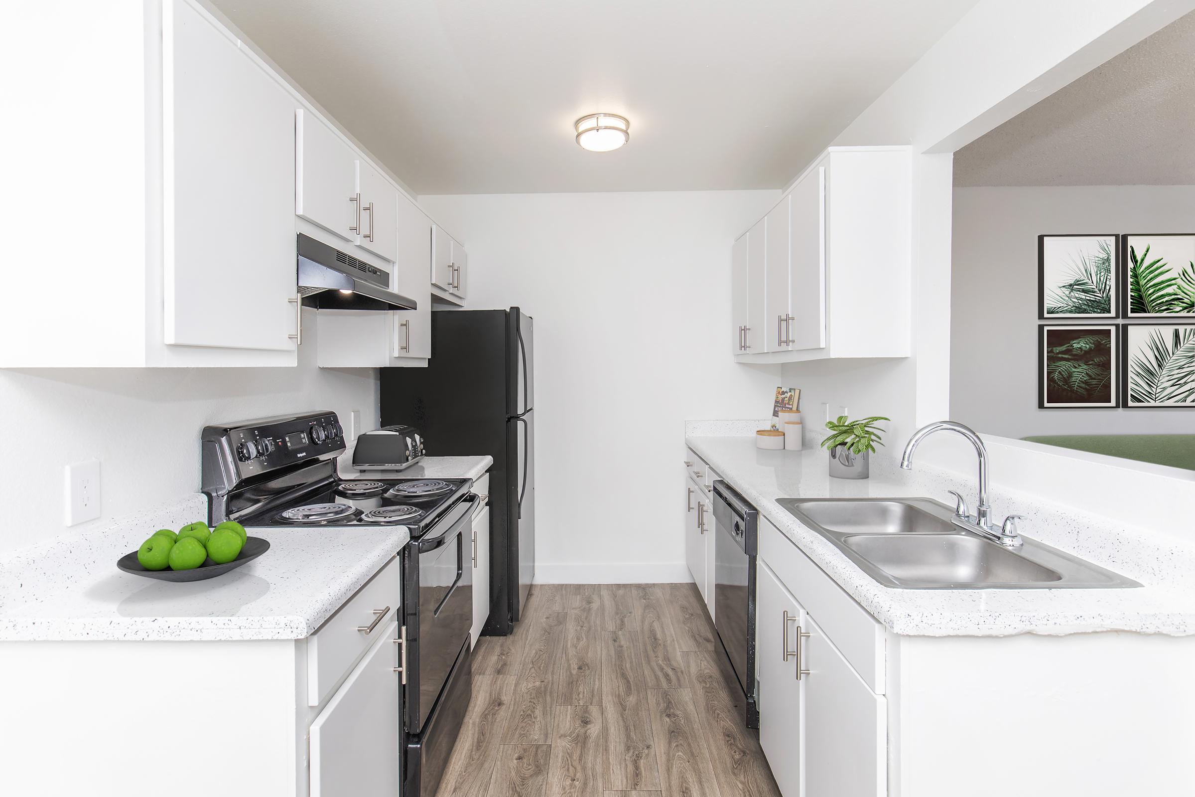 Bright and modern kitchen featuring white cabinets, black appliances, and a dual sink. Countertops are finished in light stone, with a bowl of green limes as a decorative touch. The space is well-lit, creating a welcoming atmosphere, with plant decor visible in the background.