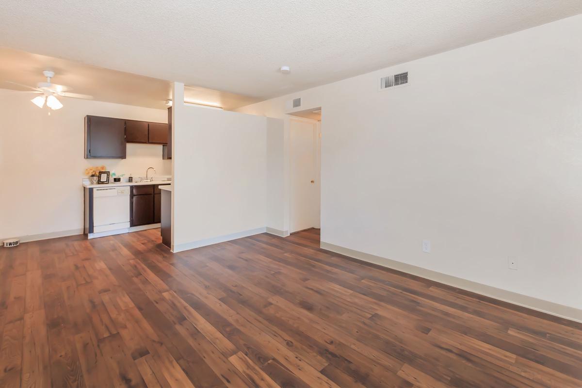 a large room with a wood floor