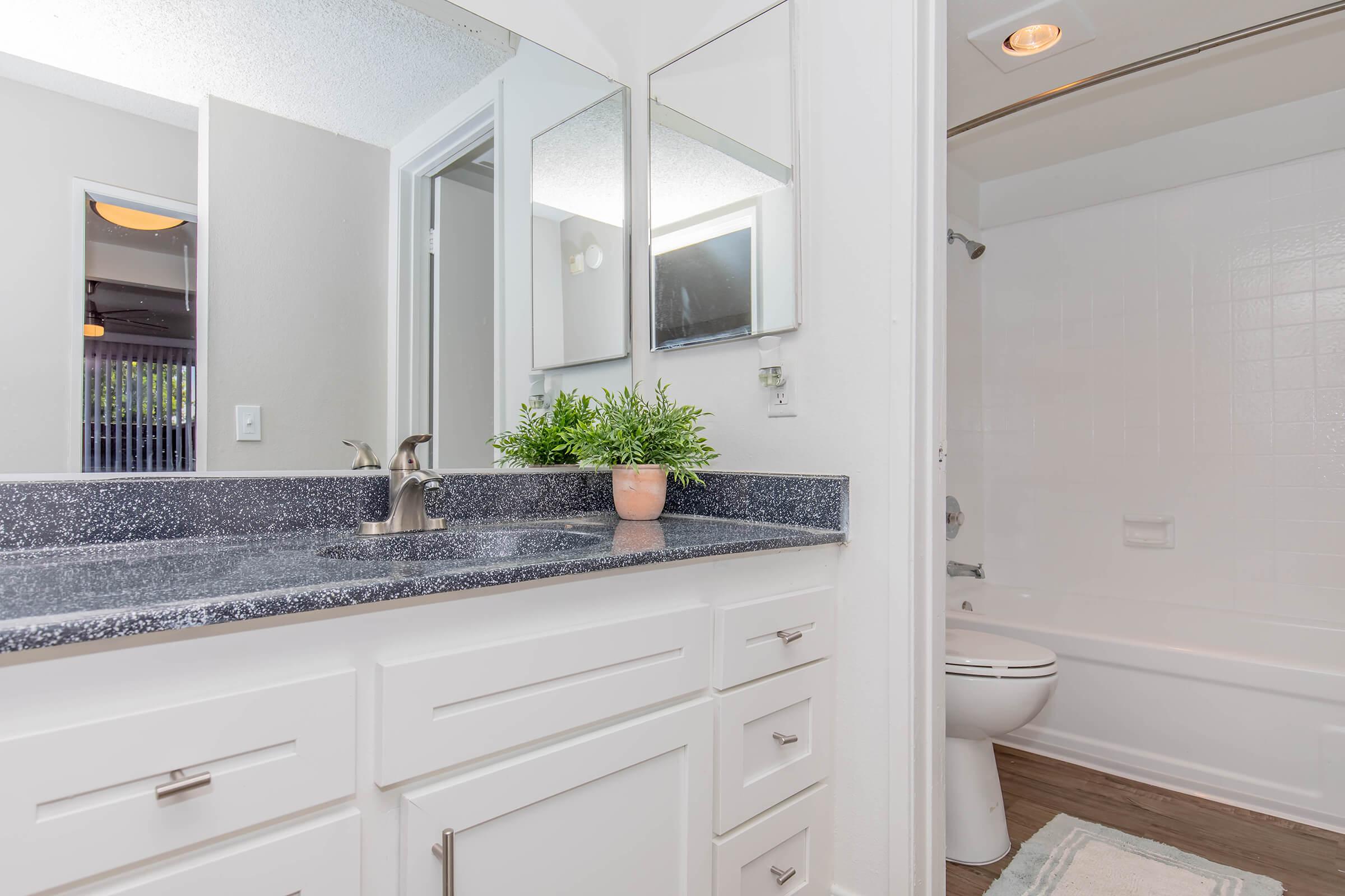 a kitchen with a sink and a mirror