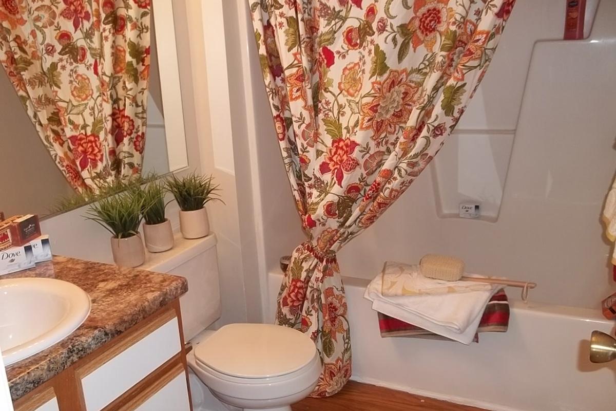 a room with a sink and a shower curtain