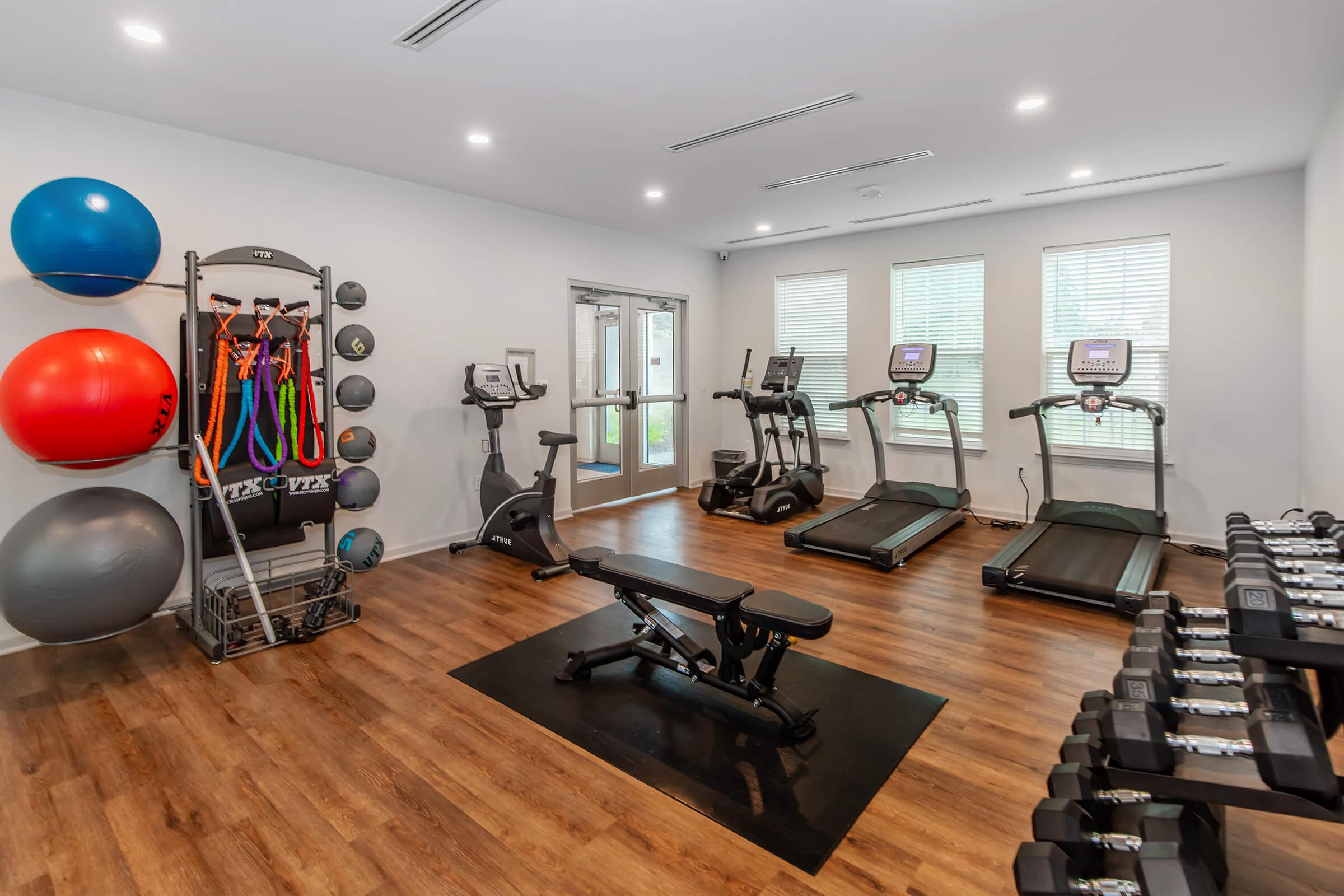 A modern home gym featuring various exercise equipment, including treadmills, elliptical machines, free weights, and stability balls. The space has a wooden floor, large windows for natural light, and a bench for workouts.