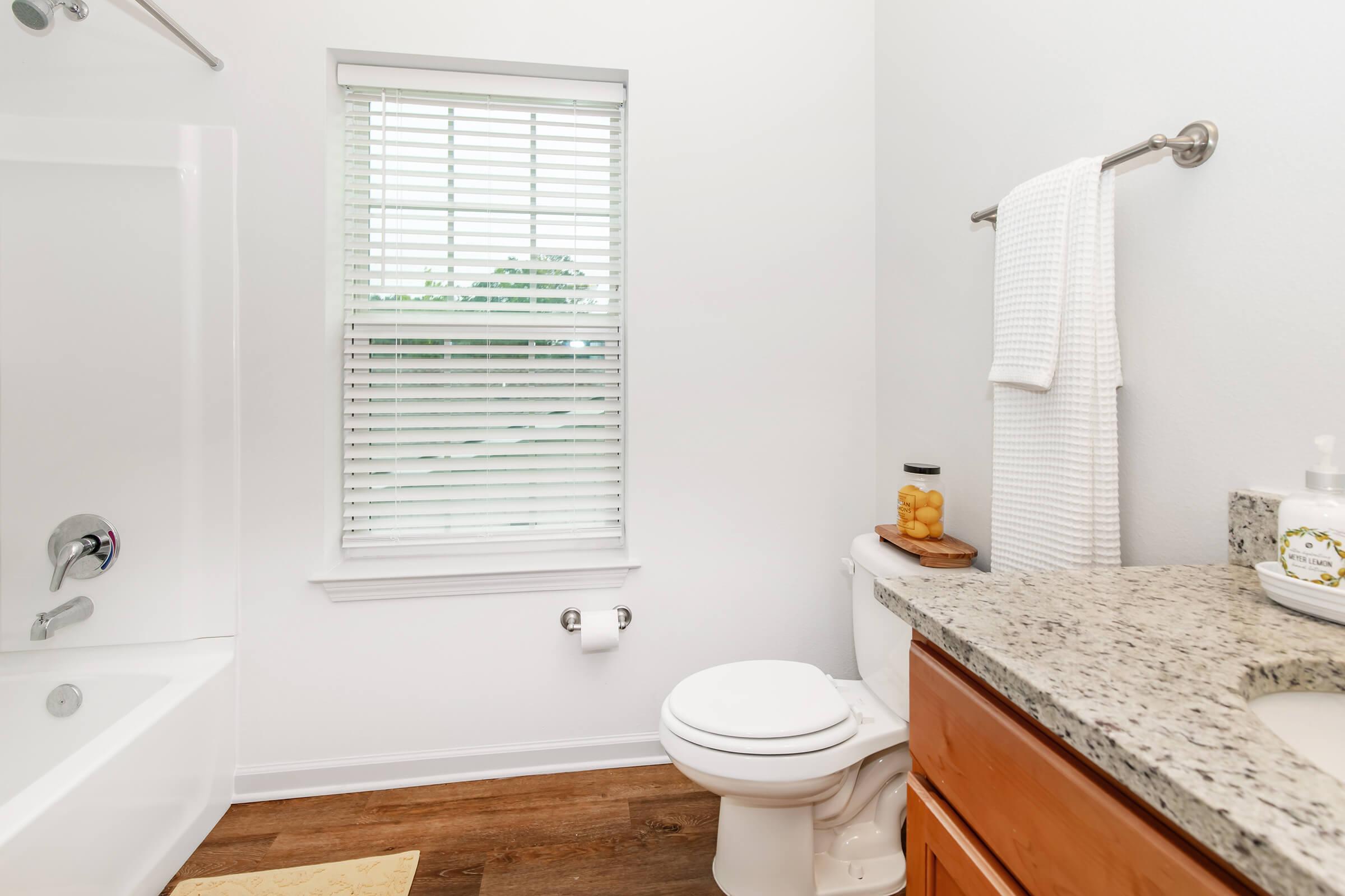 Modern bathroom featuring a bathtub with a shower, a toilet, and a granite countertop sink. The room is well-lit with natural light from a window adorned with white blinds. A towel hangs on the wall, and decorative items are placed on the countertop. The flooring is wooden, adding warmth to the space.