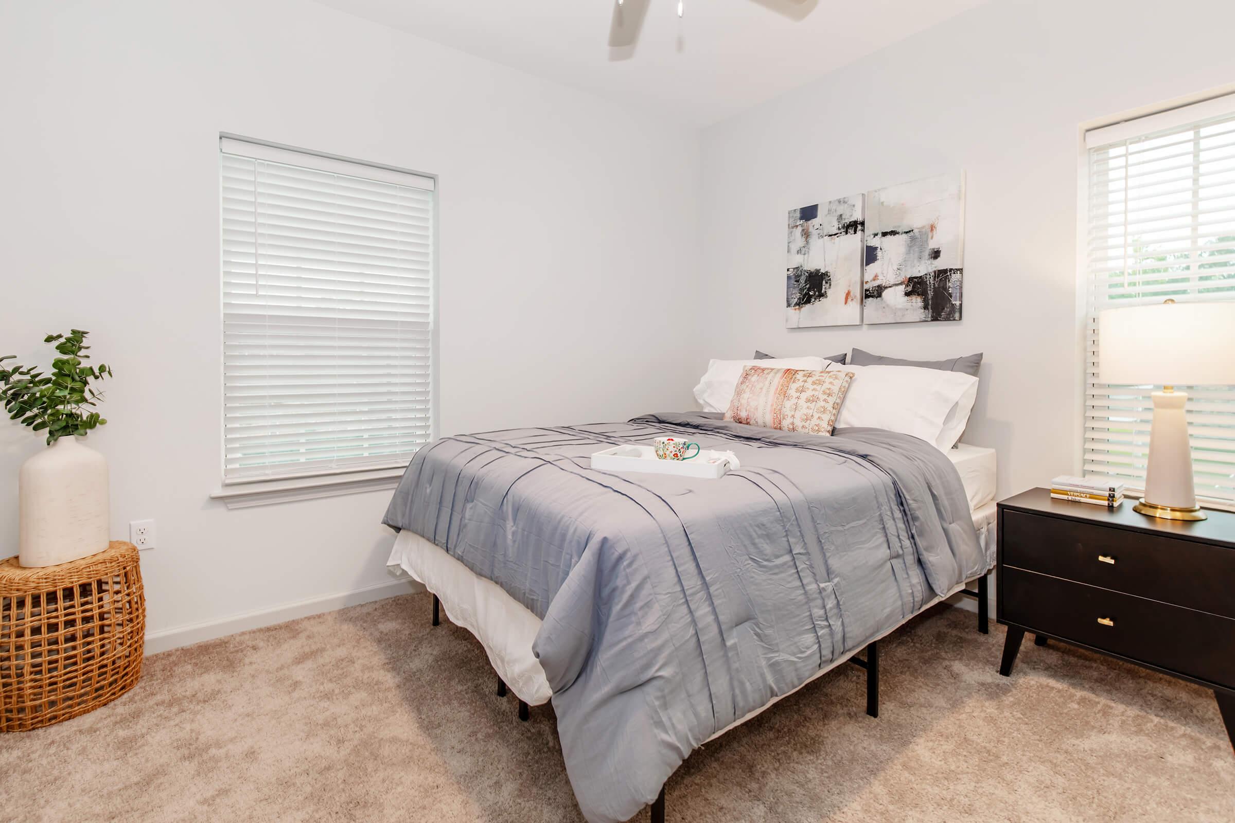 A cozy bedroom featuring a queen-sized bed with a gray blanket and decorative pillows. There is a nightstand with a lamp and a small decorative item. Natural light streams through two windows with white blinds. A woven basket adds texture to the room, which has soft carpet and minimalistic decor.