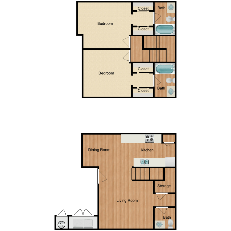 Plan A3, a 2 bedroom 2.5 bathroom floor plan.