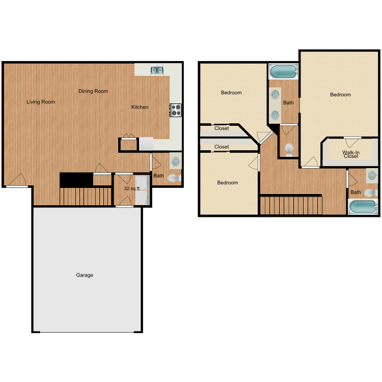 Plan B1, a 3 bedroom 2.5 bathroom floor plan.