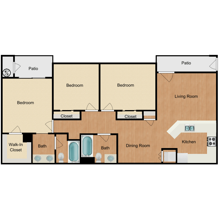 Plan B3, a 3 bedroom 2 bathroom floor plan.