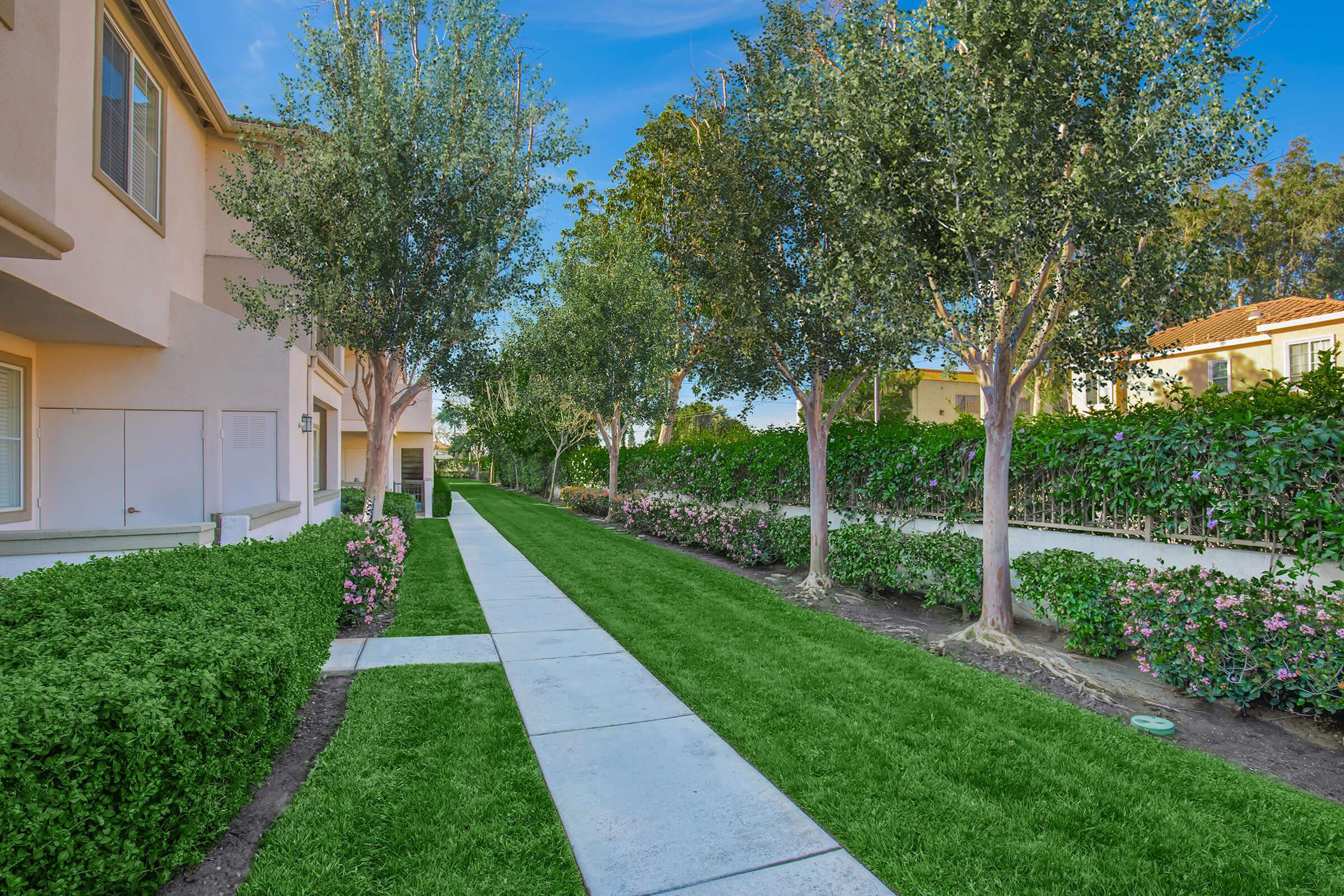 A well-maintained pathway lined with manicured lawns, flowering bushes, and trees on either side, leading towards a residential area under a clear blue sky. The scene captures a peaceful and inviting outdoor environment.
