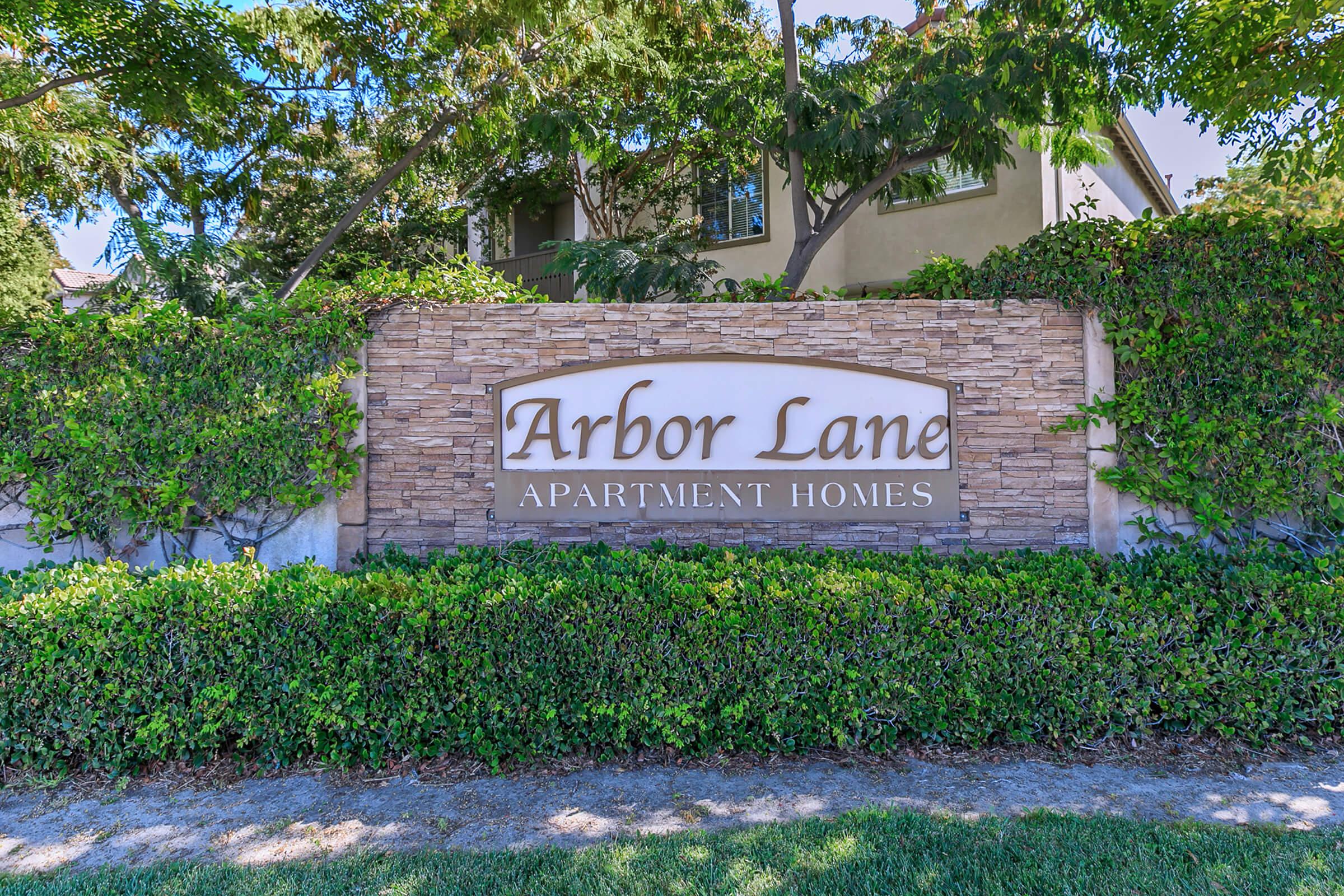 Sign for Arbor Lane Apartment Homes, featuring a stone base and surrounded by green foliage and grass. The sign has a modern design, clearly displaying the name "Arbor Lane" and "Apartment Homes" beneath it. The setting is sunny and well-maintained, indicating a welcoming residential area.