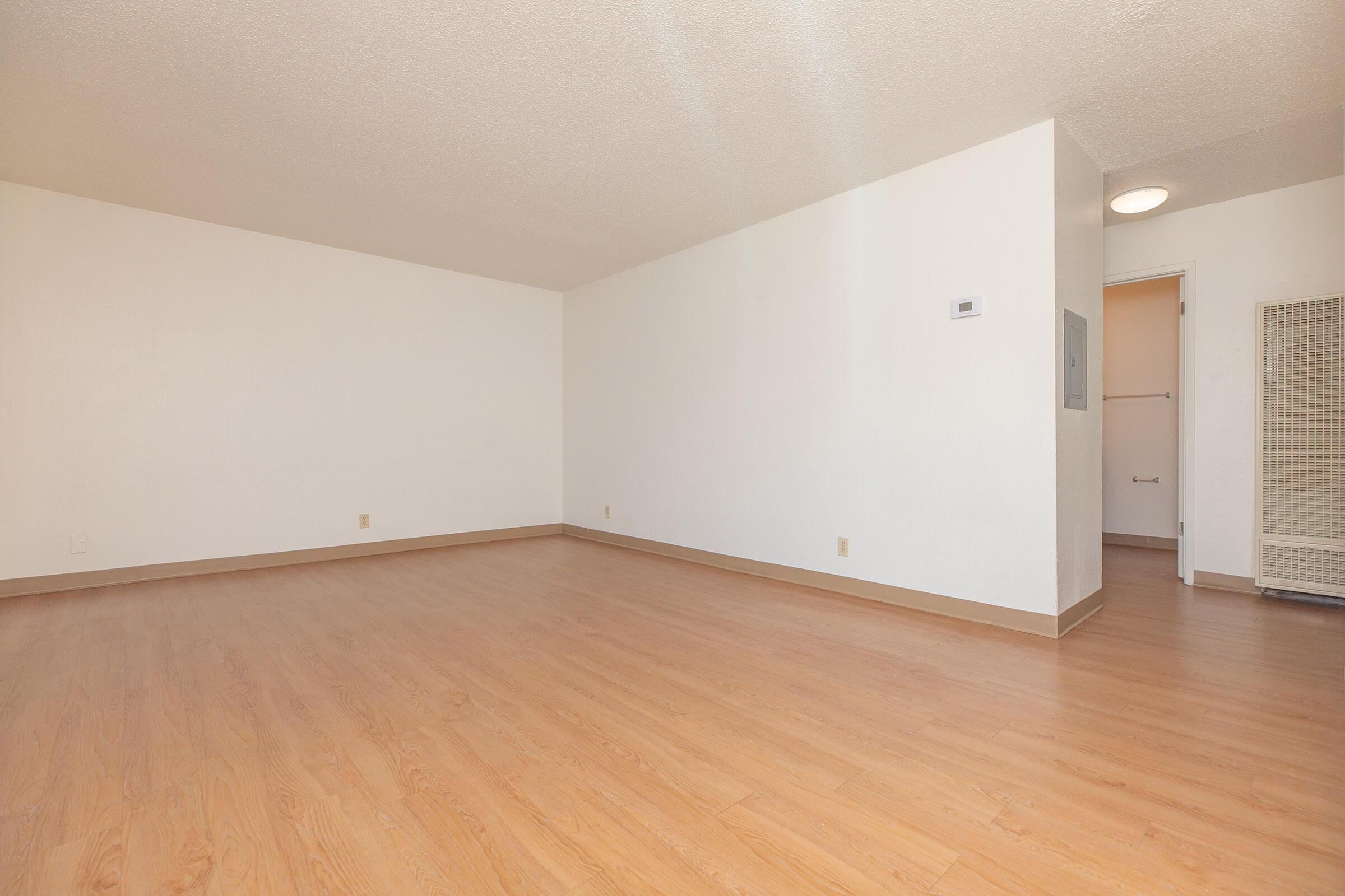 A spacious, empty room with light-colored walls and wood laminate flooring. There is a small wall-mounted thermostat and a doorway leading to another room. The space is well-lit with natural light, creating an airy and open atmosphere.