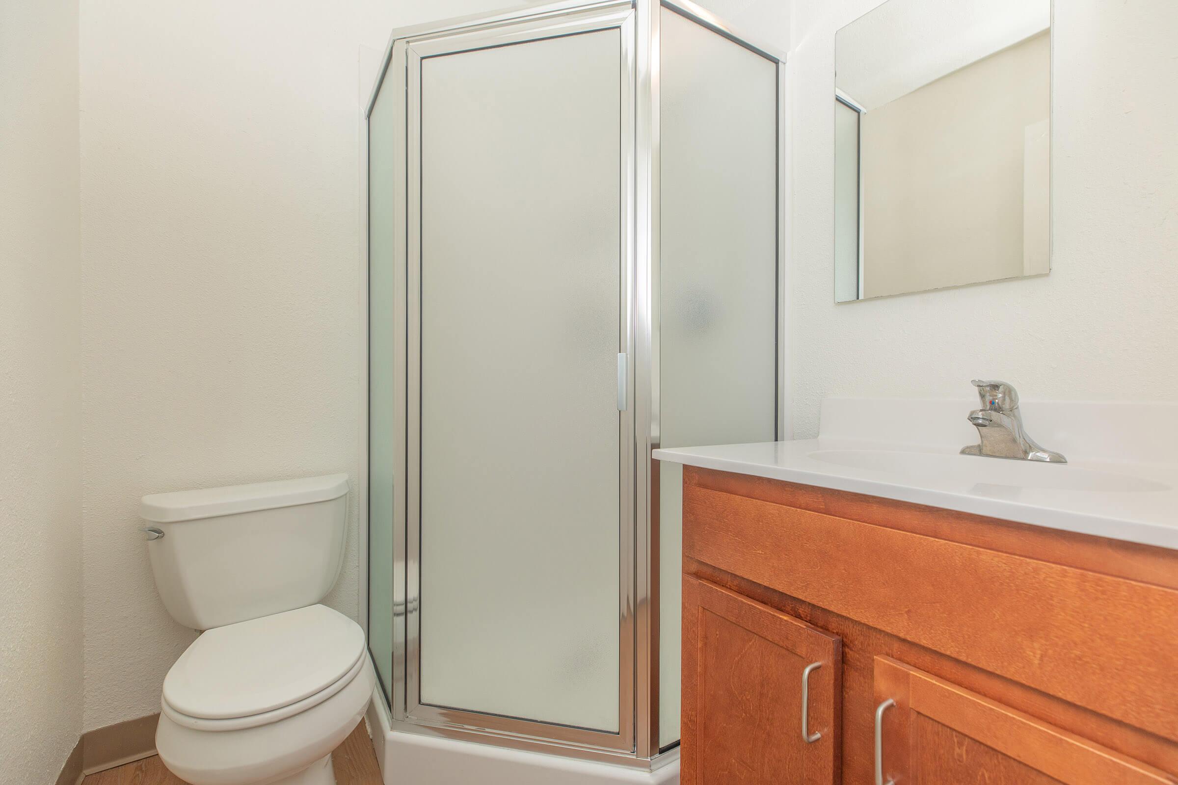 A modern bathroom featuring a clear glass shower enclosure, a white toilet, and a wooden vanity with a sink. The walls are painted white, and there is a mirror above the vanity. The floor offers a light wood finish, contributing to a clean and bright atmosphere.