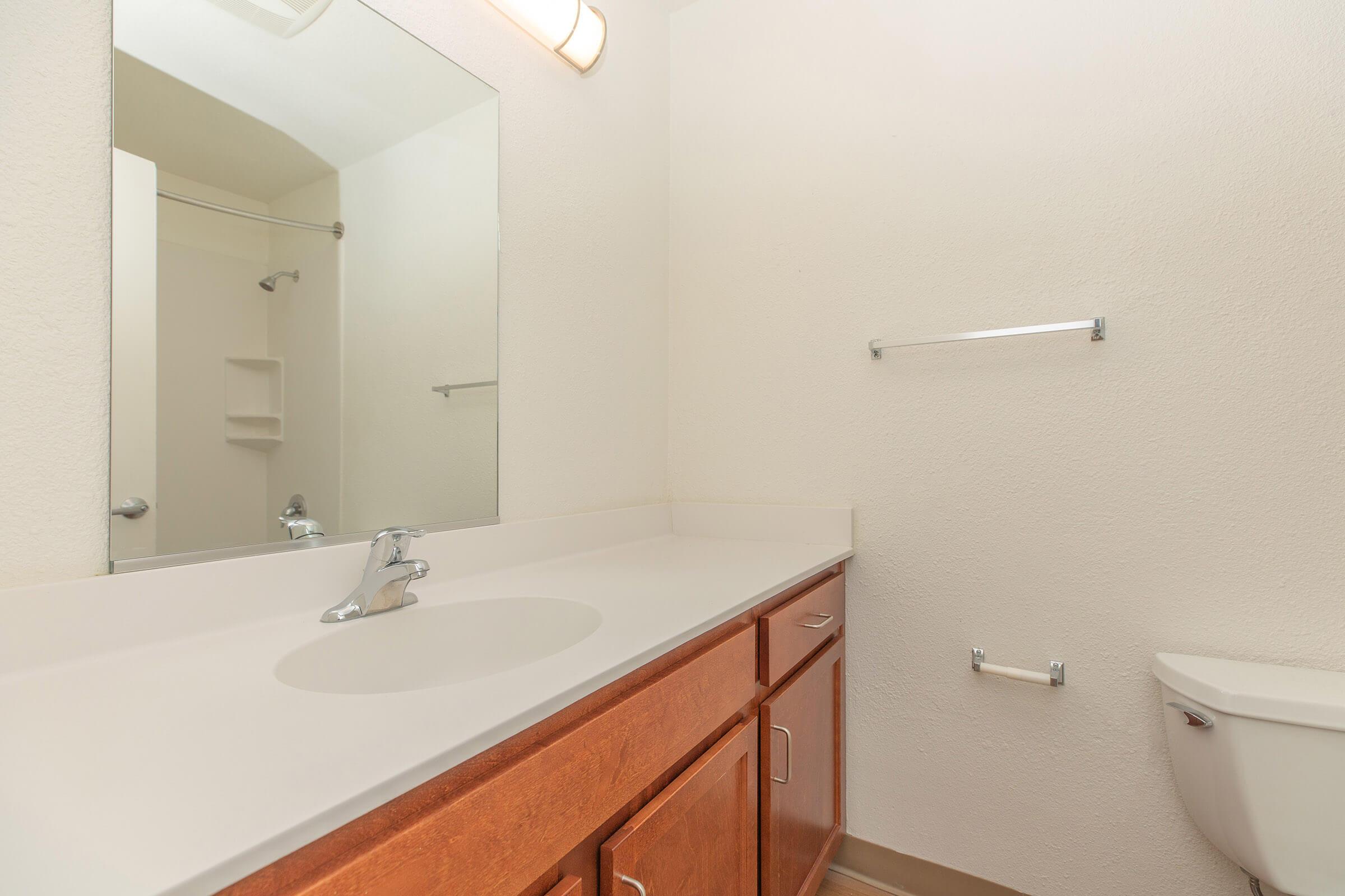 A clean and modern bathroom featuring a large mirror above a white sink with a wooden vanity. The walls are light-colored, and there is a towel bar on one side. A shower is visible in the background, indicating a well-maintained space. Natural light is provided through a window.
