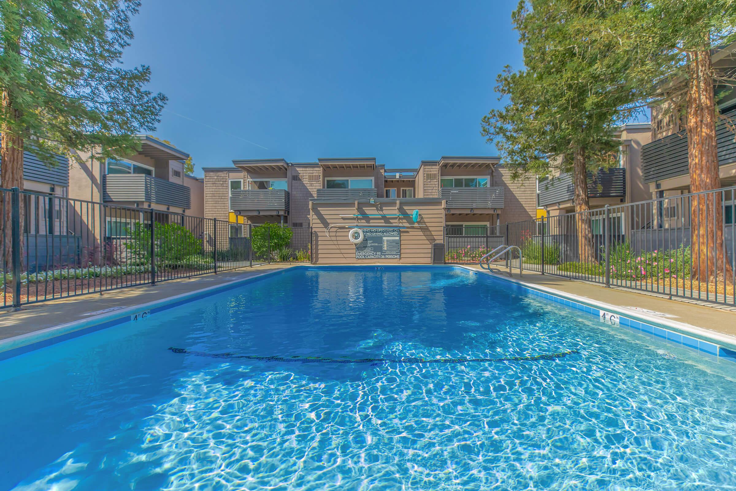 Swimming pool surrounded by a decorative fence, featuring clear blue water and reflections from the sun. In the background, there are modern apartment buildings with balconies, flanked by tall trees and colorful landscaping under a clear blue sky.