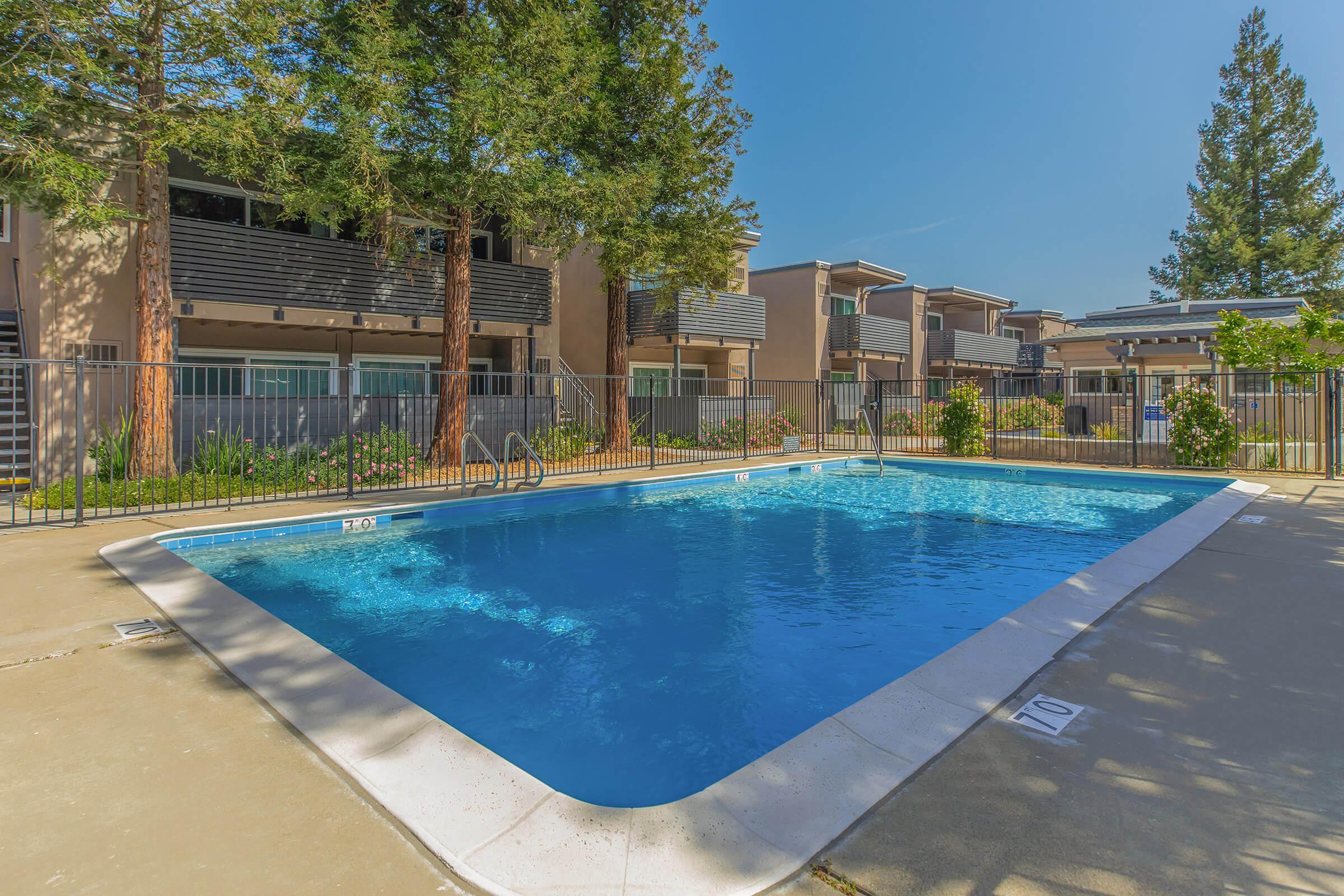 A clean, inviting outdoor swimming pool surrounded by a concrete deck, with trees and landscaped bushes nearby. In the background, there are modern multi-story apartment buildings, all set under a clear blue sky. The pool area is enclosed with a fence, and several lounge chairs are visible around the poolside.